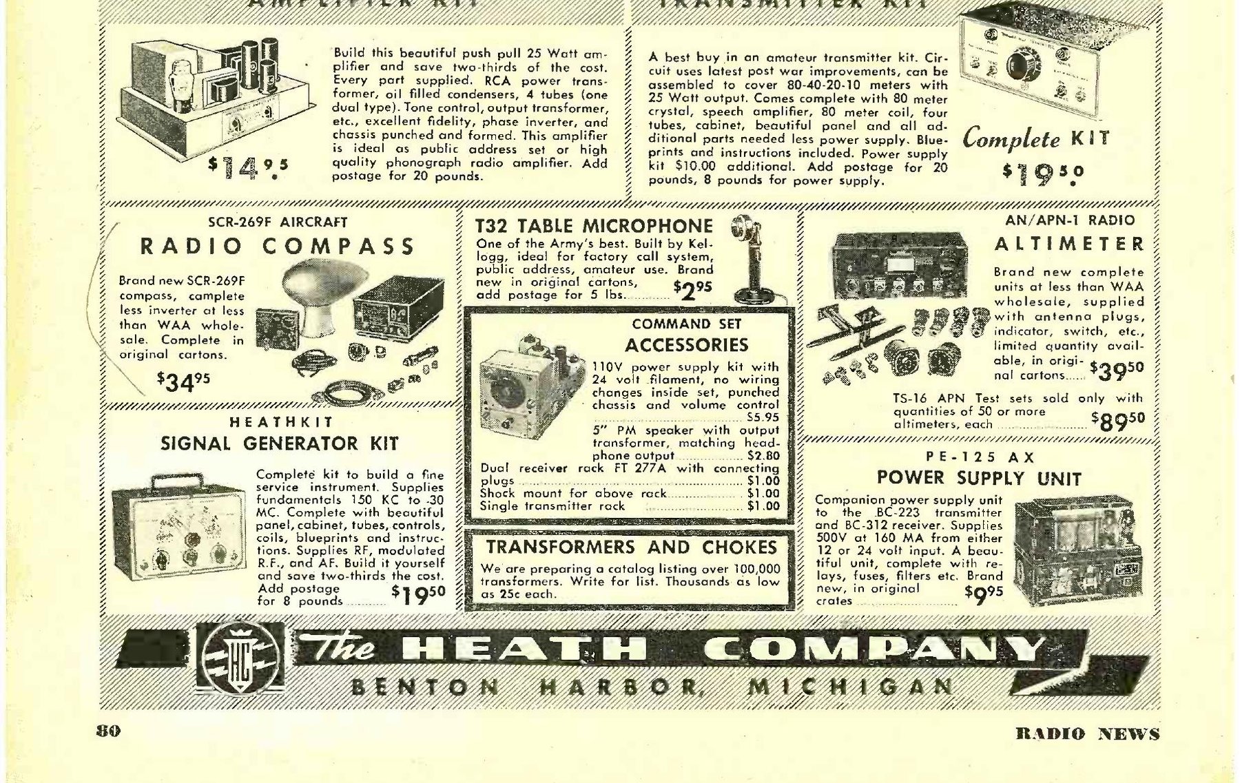 Figure 10 — Heath's Radio News advertisement of January 1948: the $14.95 push-pull amplifier kit, the first advertisement for the G-1 signal generator kit, and a 25-watt amateur transmitter kit at $19.50 that …