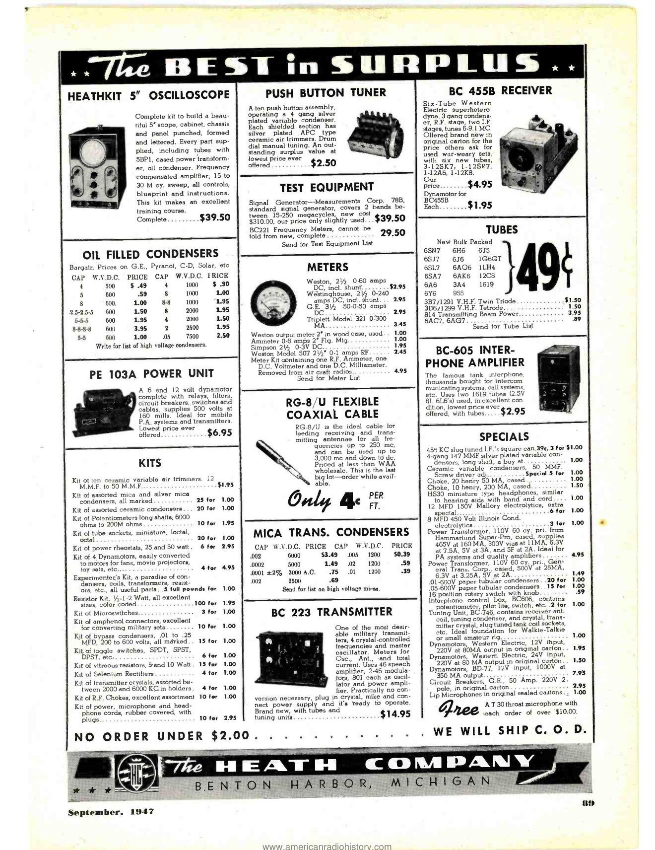 Figure 2 — "The Best in Surplus": Heath's full-page Radio News advertisement of September 1947. At top left is the first published picture of the Heathkit 5-inch oscilloscope, and the first printed use of the…