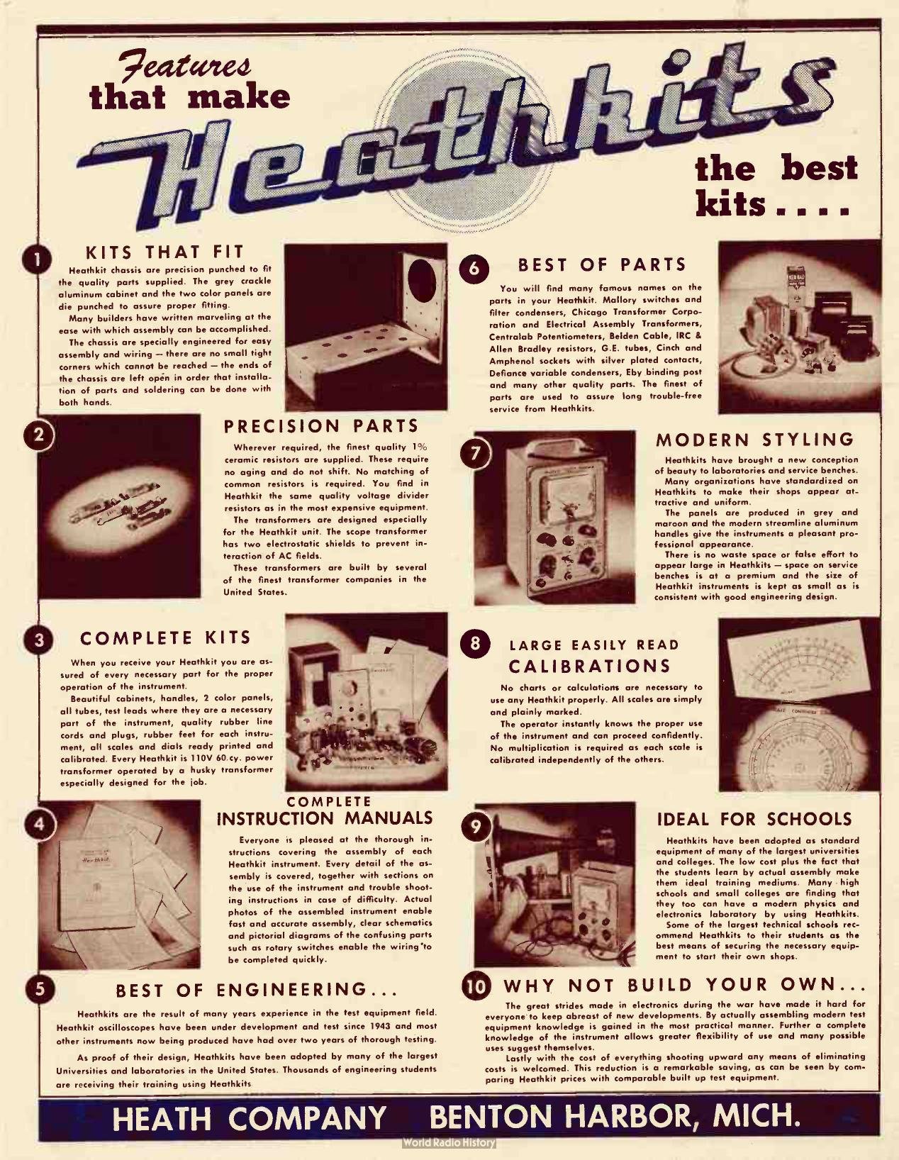 Figure 8 — "Features that make Heathkits the best kits": a 1948 Heath flyer aimed at schools and laboratories. Its nine panels summarize the early Heathkit sales pitch: kits that fit, precision parts, complet…