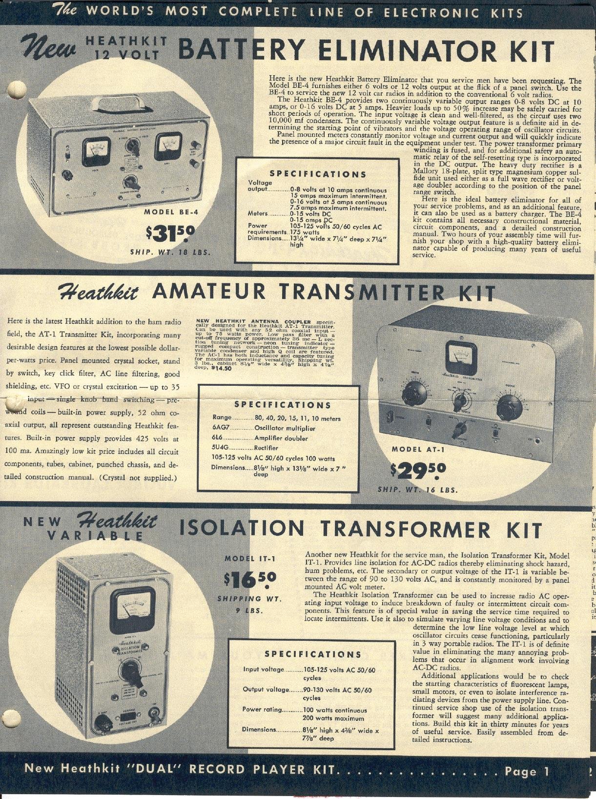 Figure 12 — Page 3 of the Heath Summer Flyer of 1951, with the "Heathkit Amateur Transmitter Kit," the AT-1, in the centre. This crystal-controlled CW transmitter, built for the FCC's new Novice licence, was H…