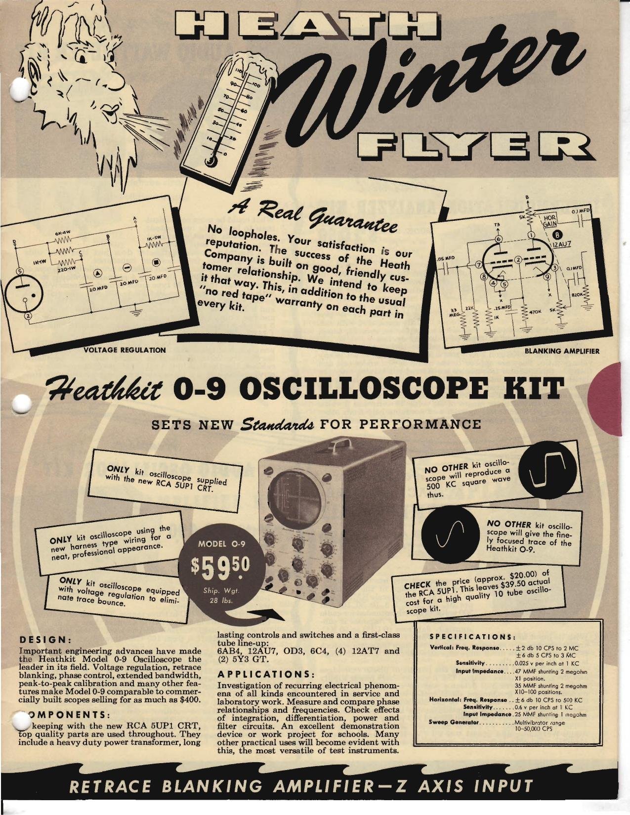 Figure 15 — The Heath Winter Flyer of 1954, the last full season under Howard Anthony, leading with the O-9 oscilloscope and "A Real Guarantee." Heath's 1954 catalogue listed 48 kits; within a year of Anthony'…