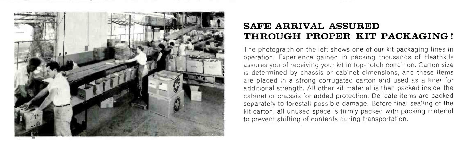 Figure 5 — "Safe arrival assured through proper kit packaging!" A kit packaging line in the 1958 catalogue. In a kit company the packing line did the work that a conventional manufacturer's assembly line woul…