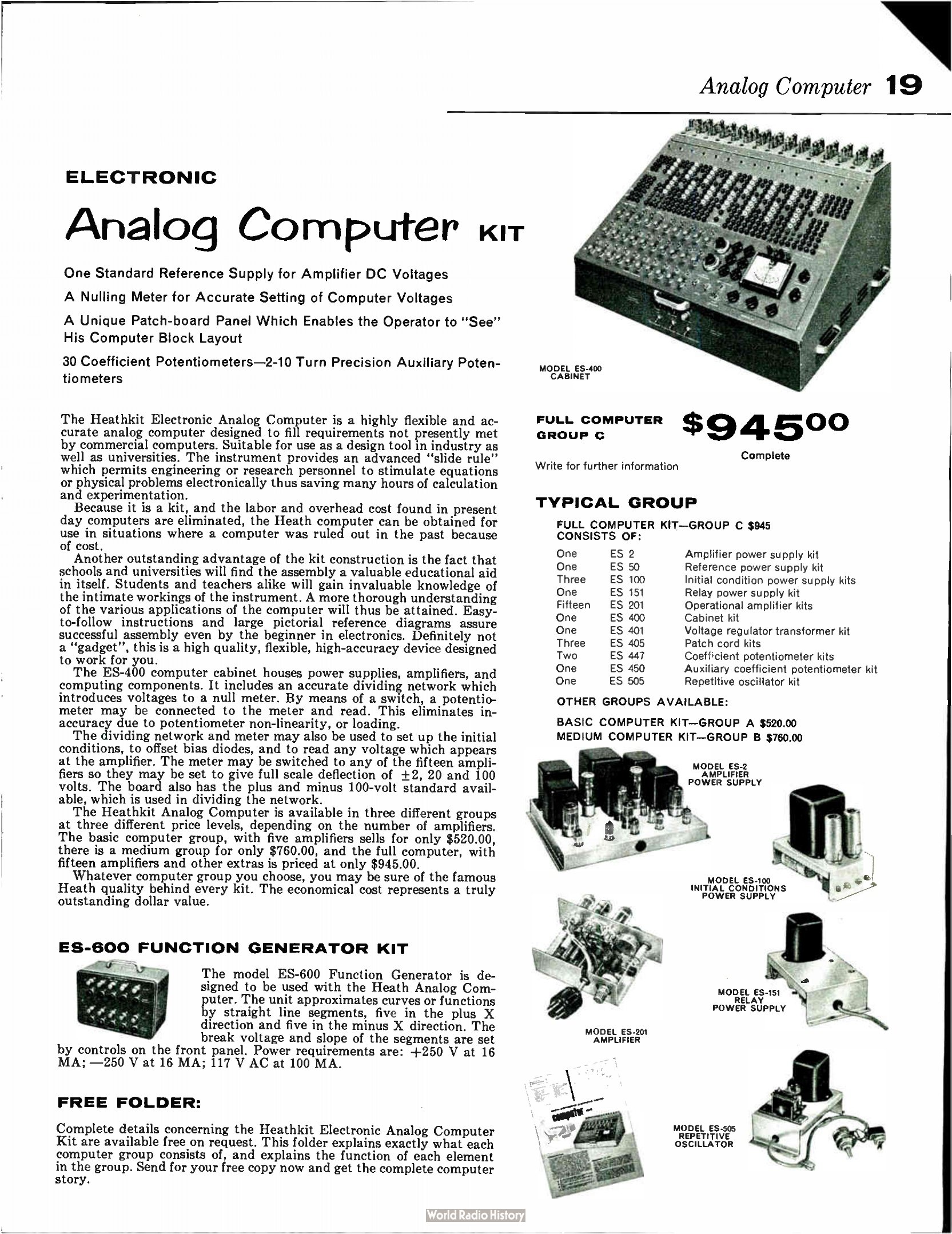 Figure 12 — The EC-1 electronic analog computer kit at $945 in the 1959 catalogue. It was a teaching machine for colleges and the clearest sign of how far the Daystrom-era line had moved from the service bench.
