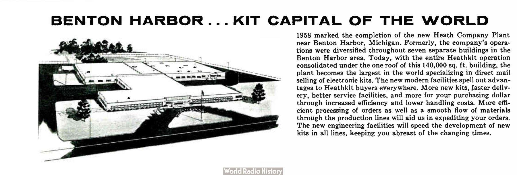 Figure 4 — "Benton Harbor … kit capital of the world": the 1959 catalogue's report on the finished plant, with a perspective of the building. The text states that operations formerly spread over seven separat…