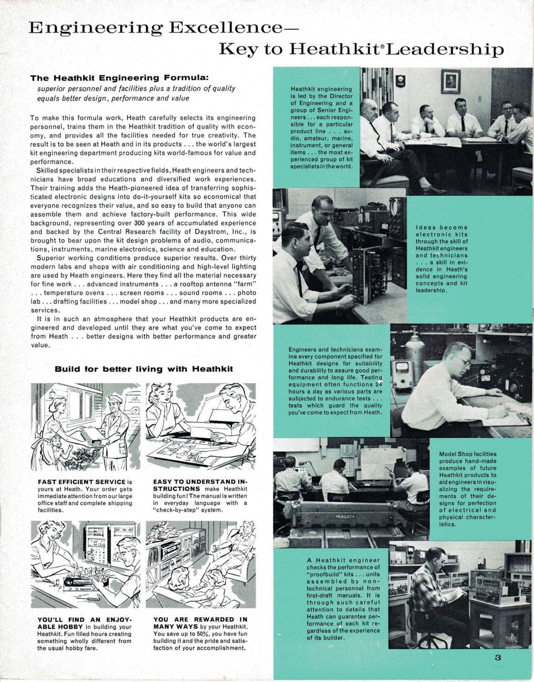 Figure 14 — "Engineering Excellence: Key to Heathkit Leadership", March 1962. The spread describes Heath's product-line engineering groups, more than thirty laboratories, the rooftop antenna farm and the proof…
