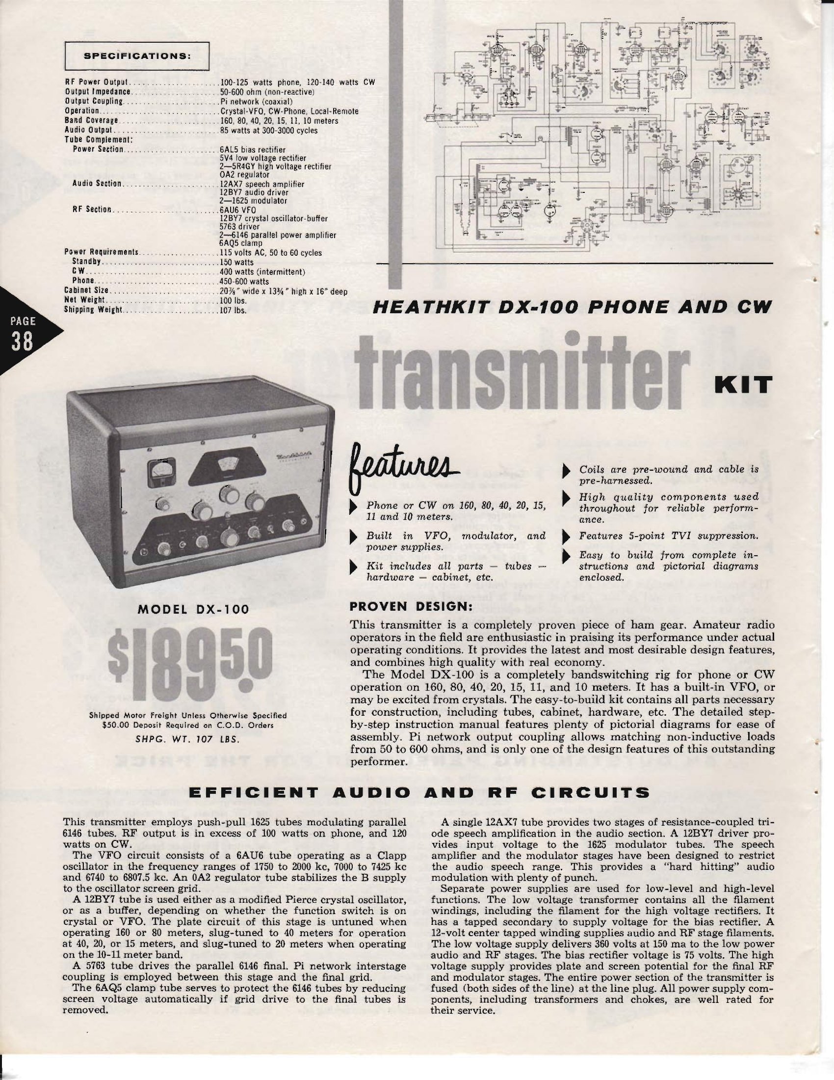 Figure 9 — The DX-100 phone and CW transmitter kit in the 1956 catalogue, at $189.50. It weighed over 100 lb, used paralleled 6146 finals and covered 160 through 10 metres. The DX-100 paid for Heath's adverti…