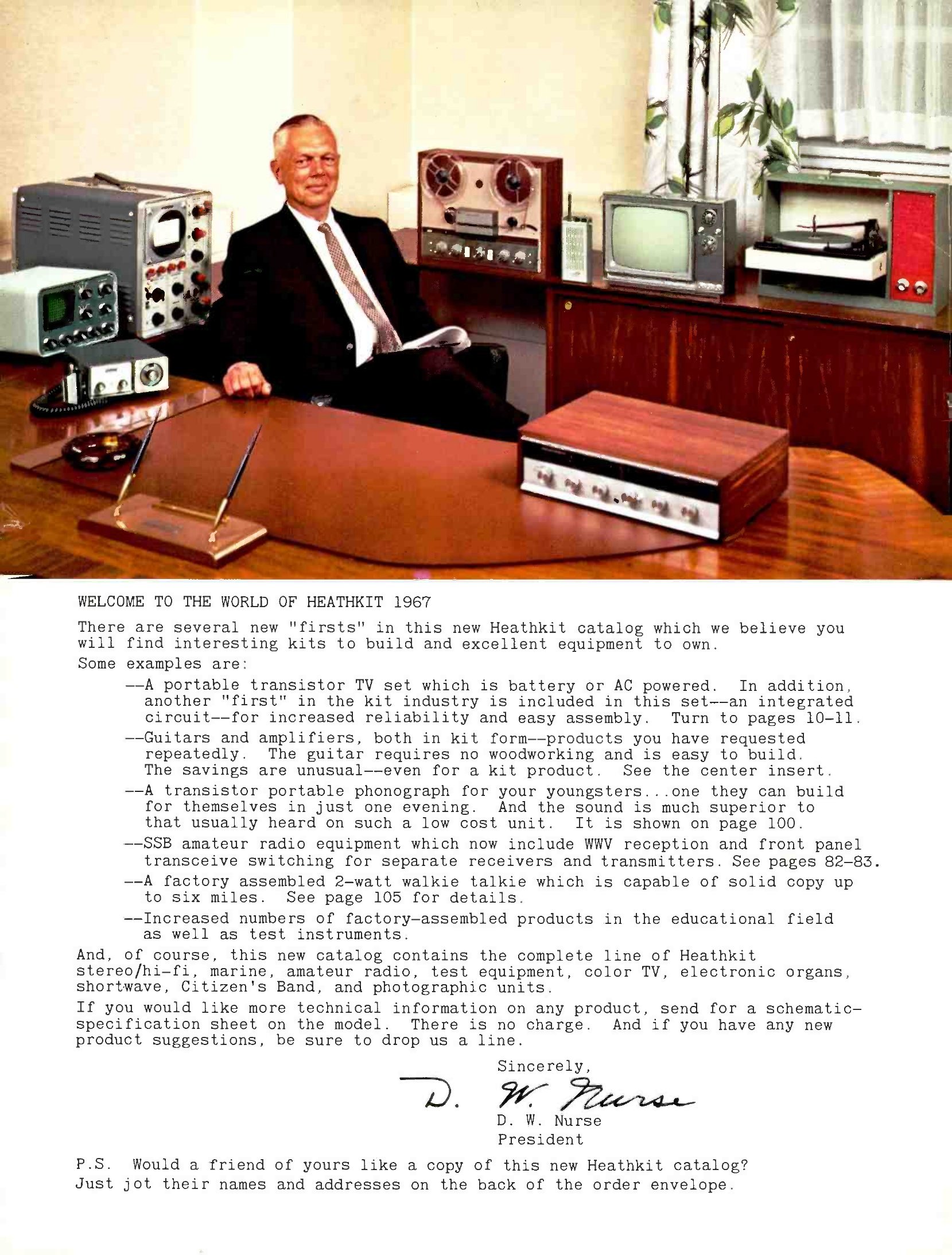 Figure 26 — David W. Nurse's letter of welcome in the 1967 catalogue, his first full year as president. Behind him are Heathkit colour TV, stereo, test and ham gear.