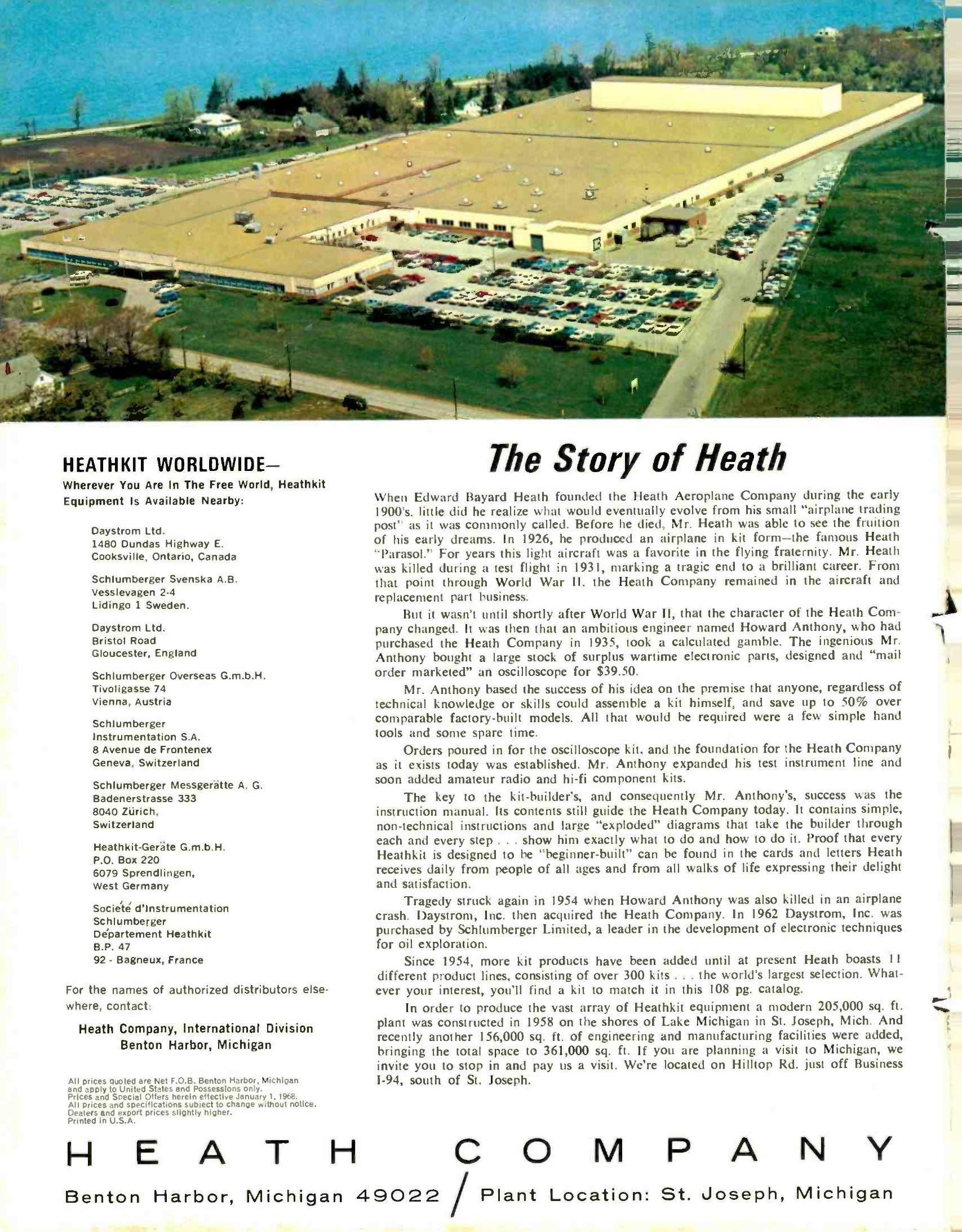 Figure 4 — "The Story of Heath" from the 1968 catalogue. The aerial photograph shows the Hilltop Road plant after the 1967–68 expansion. The text gives 11 product lines, "over 300 kits" and 361,000 square fee…