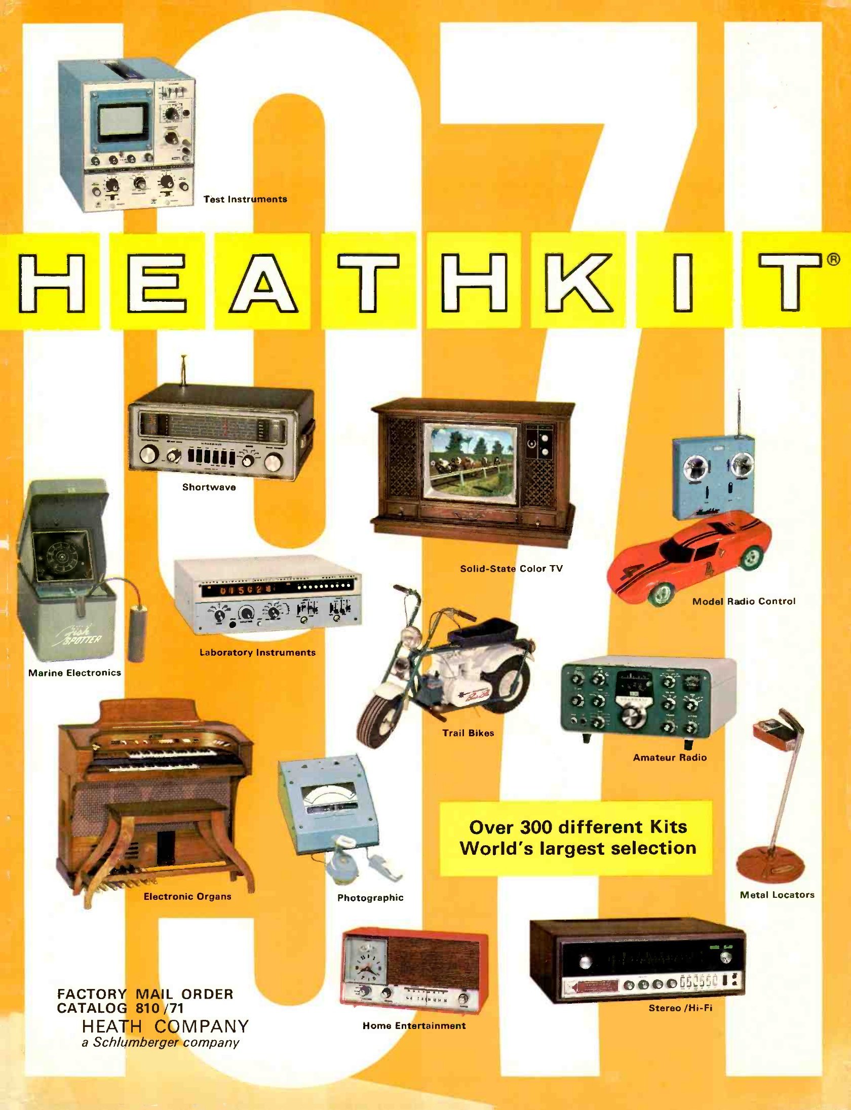 Figure 24 — The 1971 catalogue: "Over 300 different kits — world's largest selection", with a colour TV, ham gear, test instruments, an organ, a mini-bike and a slot-car set. That year Schlumberger's report si…