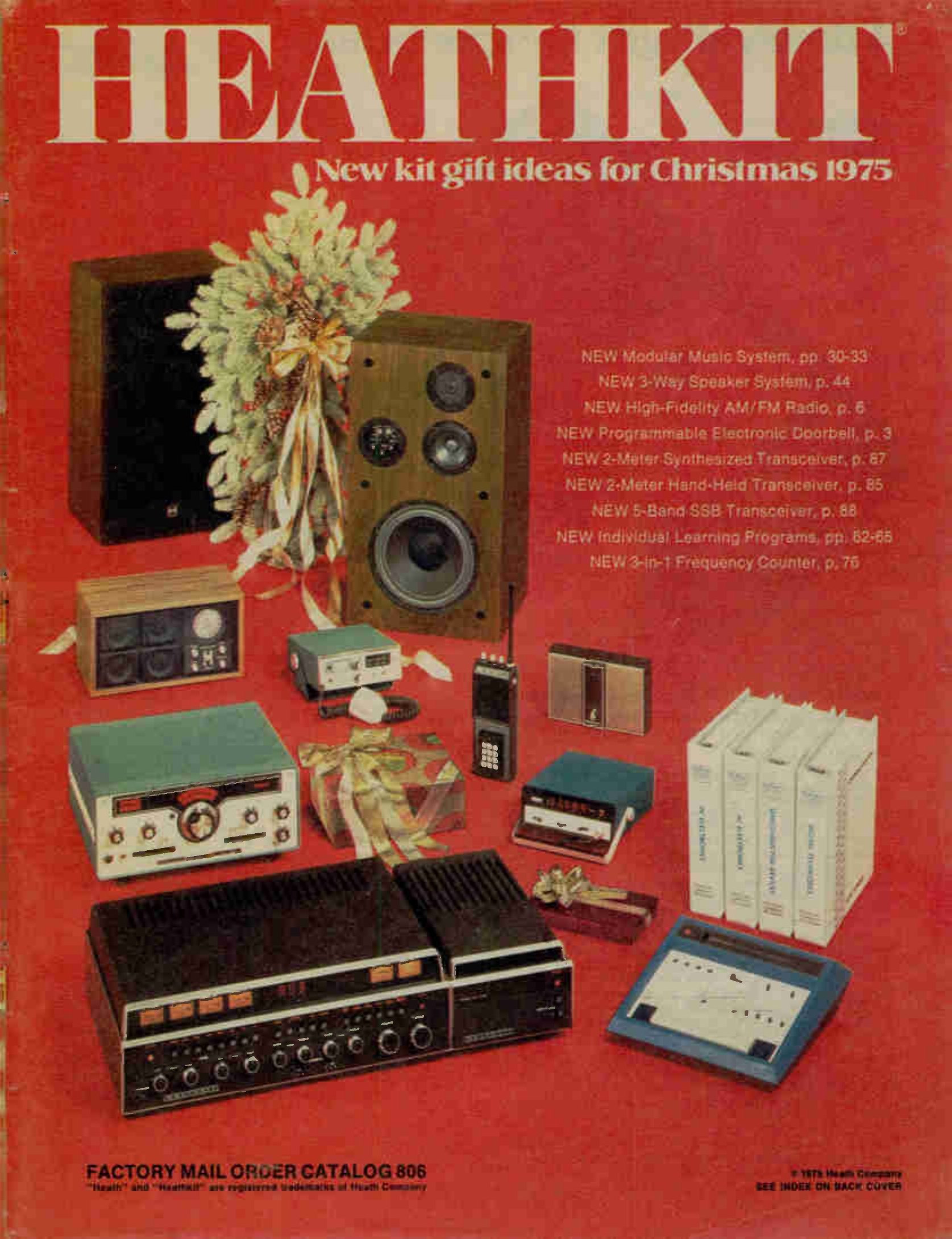 Figure 27 — The Christmas 1975 catalogue ("New kit gift ideas for Christmas 1975"), from the peak of Heath's consumer-electronics range: stereo, test instruments, an organ, calculators and home products, a yea…