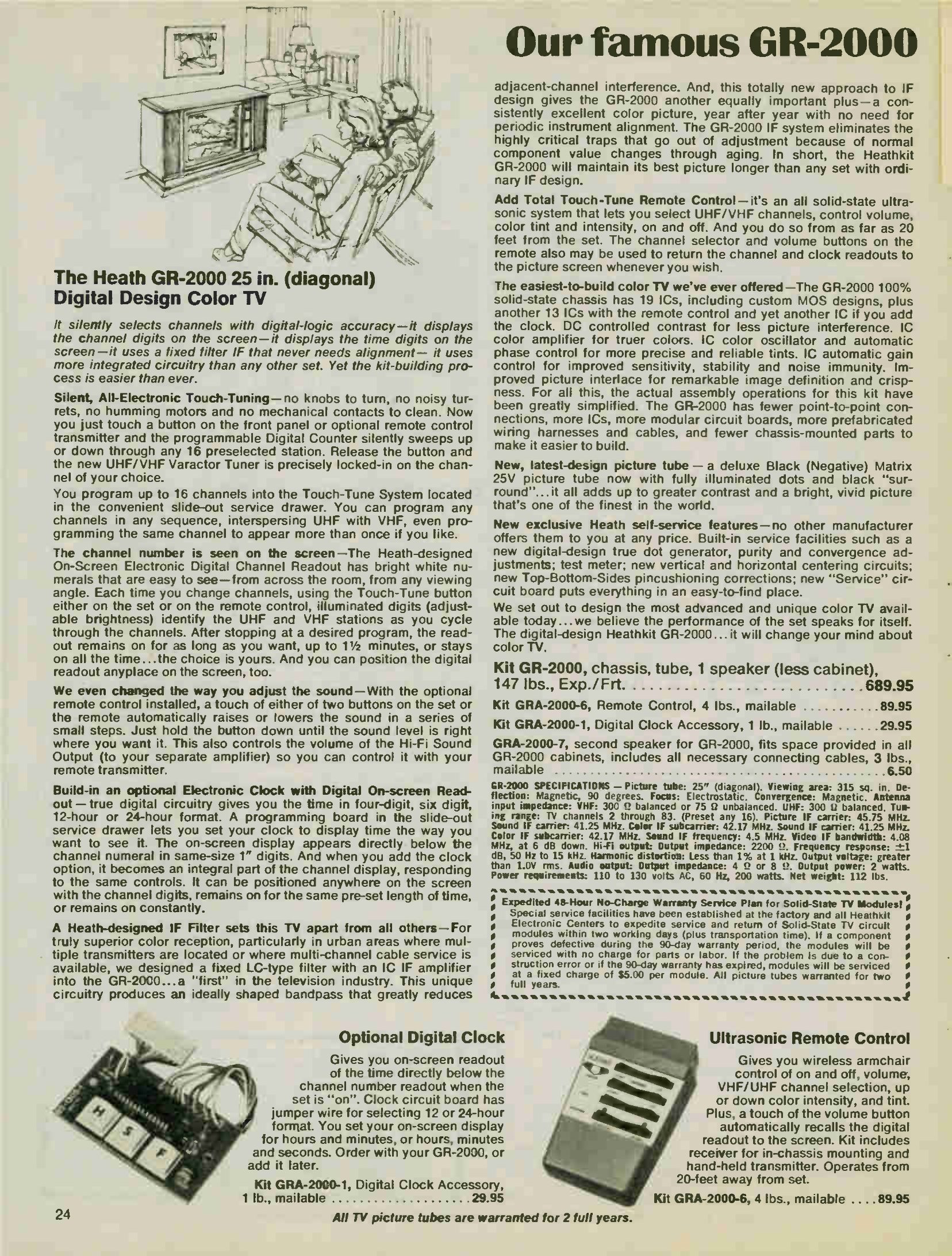 Figure 12 — "Our famous GR-2000" in the Christmas 1975 catalogue. The spread covers the 25-inch digital-design set, its optional on-screen clock and wireless remote, and the fine-furniture cabinets it was sold…