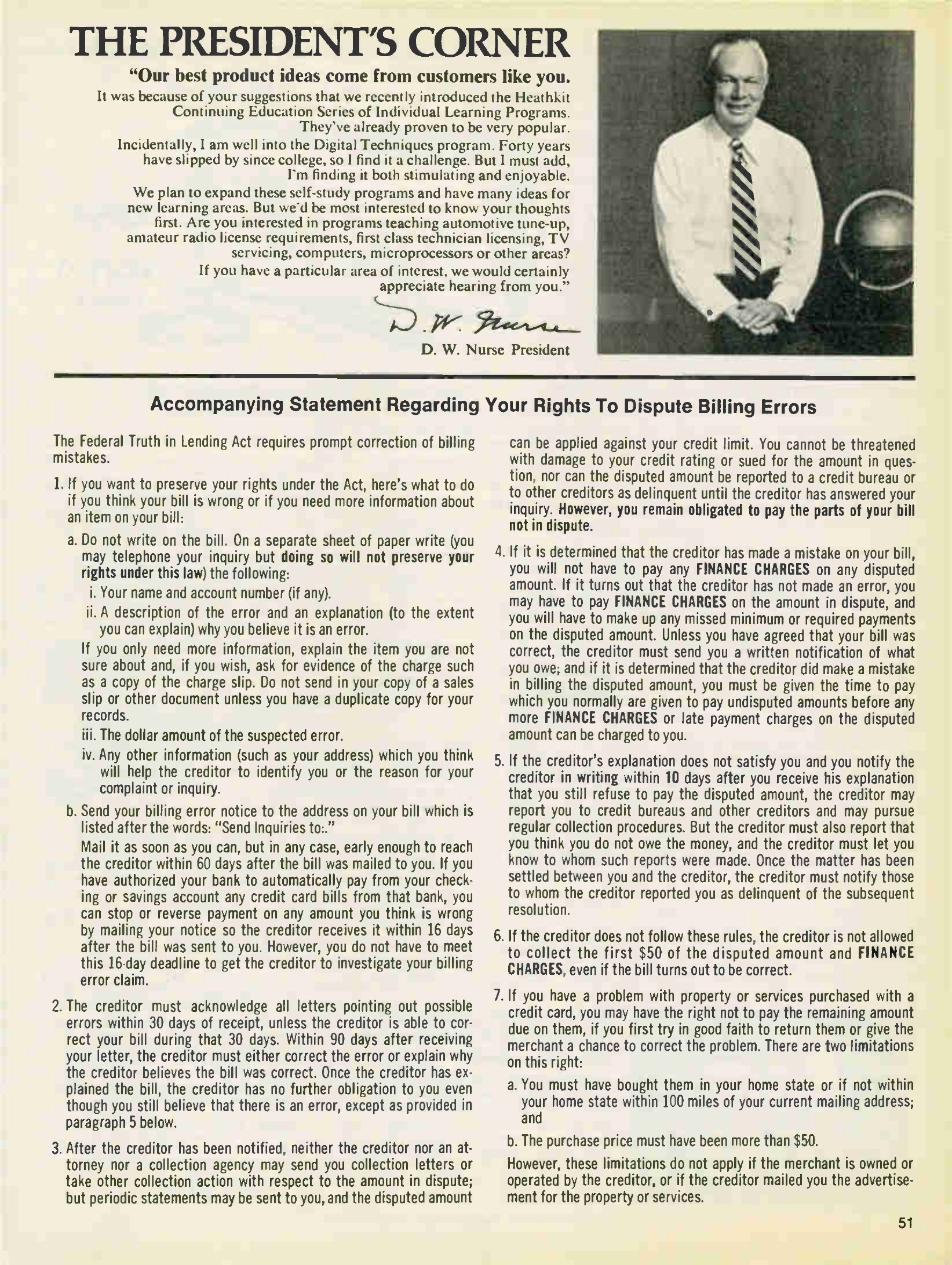 Figure 16 — "The President's Corner", Spring 1976. David W. Nurse introduces the Heathkit Continuing Education Series of Individual Learning Programs, admits he is working through the Digital Techniques course…
