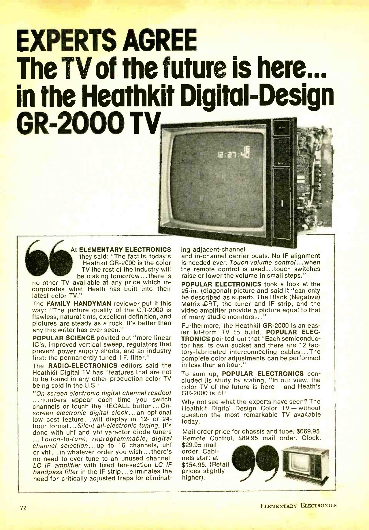 Figure 11 — "Experts agree: the TV of the future is here … in the Heathkit Digital-Design GR-2000 TV." The late-1974 advertisement quotes Radio-Electronics as saying the set had "features that are not to be fo…