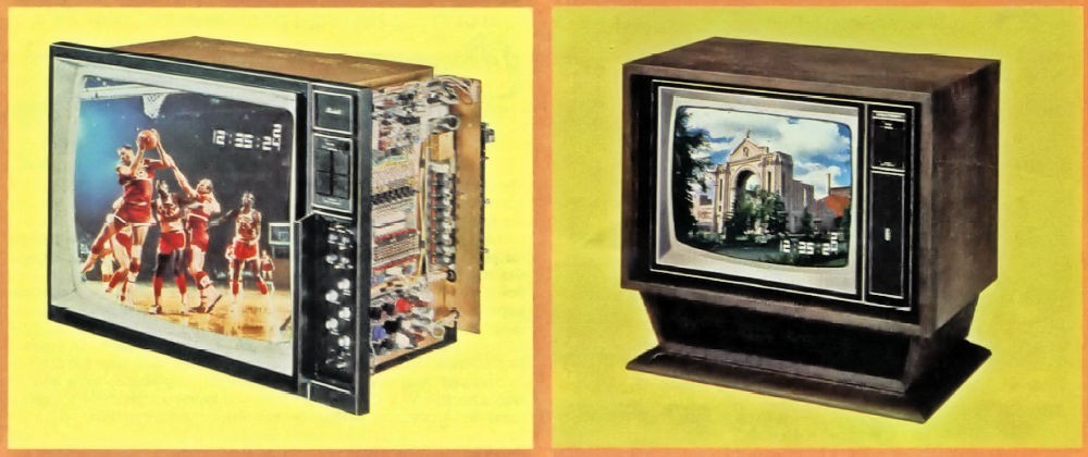 Figure 13 — GR-2000 sets in two of Heath's furniture cabinets. Televisions of the 1970s were furniture as much as electronics, and Heath sold several cabinet and console styles for the finished chassis.