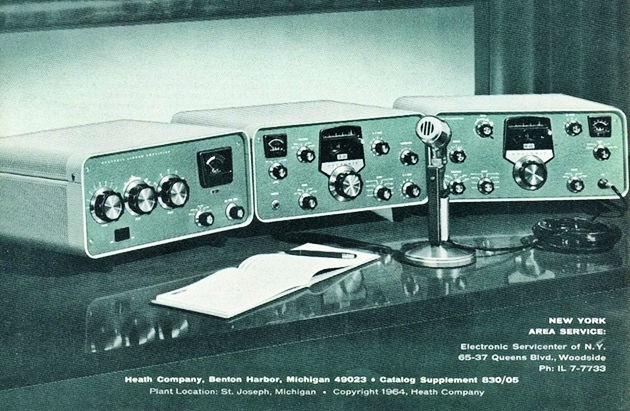 Figure 8 — The SB line as introduced in 1964: SB-300 receiver, SB-400 transmitter and their accessories, styled in grey and green deliberately close to the Collins S-line. Each set was built around a factory-…