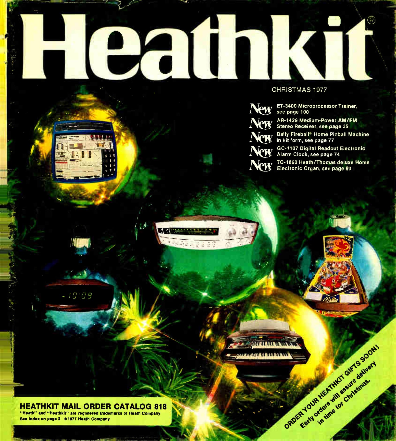 Figure 10 — The Christmas 1977 catalogue (No. 818) cover. The new ET-3400 Microprocessor Trainer fills the ornament at upper left, and the cover text lists it first among the "New" items.