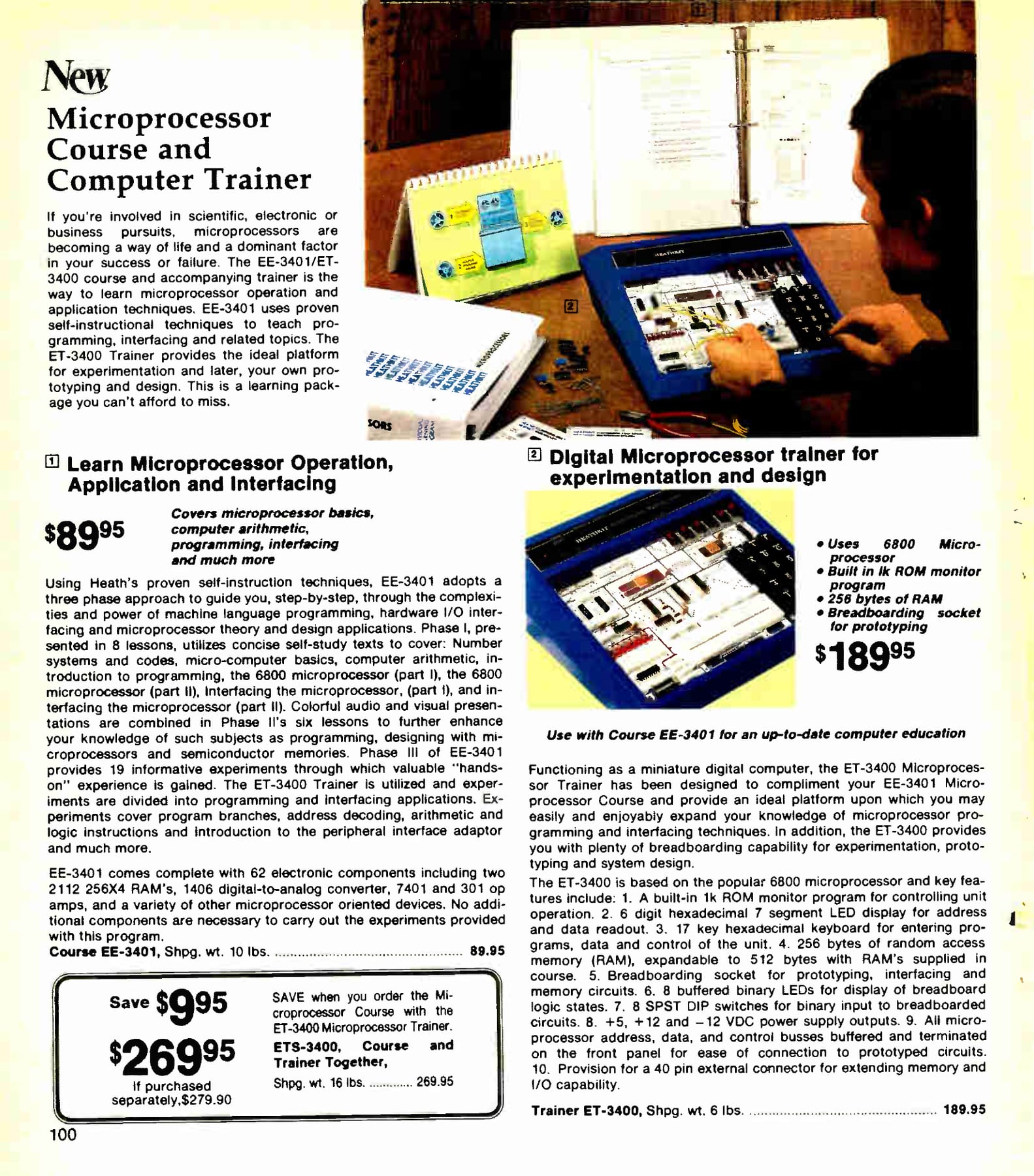 Figure 11 — The ET-3400 and EE-3401 launch page: the trainer kit at $189.95, the course at $89.95 and both together at $269.95. The trainer's features are listed in a numbered column at right.
