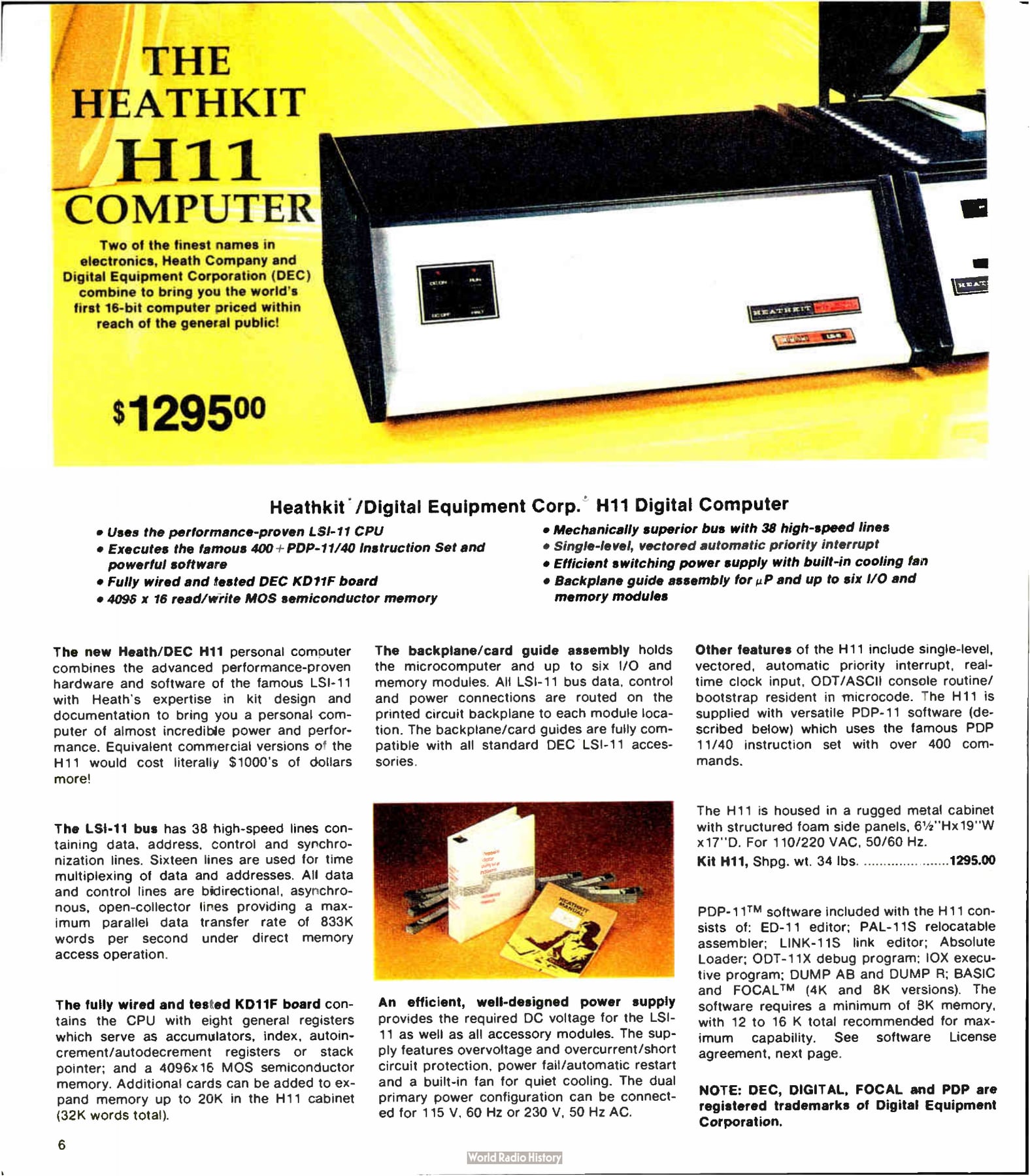 Figure 7 — The H11 catalogue page, Fall 1977: "The Heathkit H11 Computer, $1295". The copy stresses DEC compatibility and PDP-11 software.