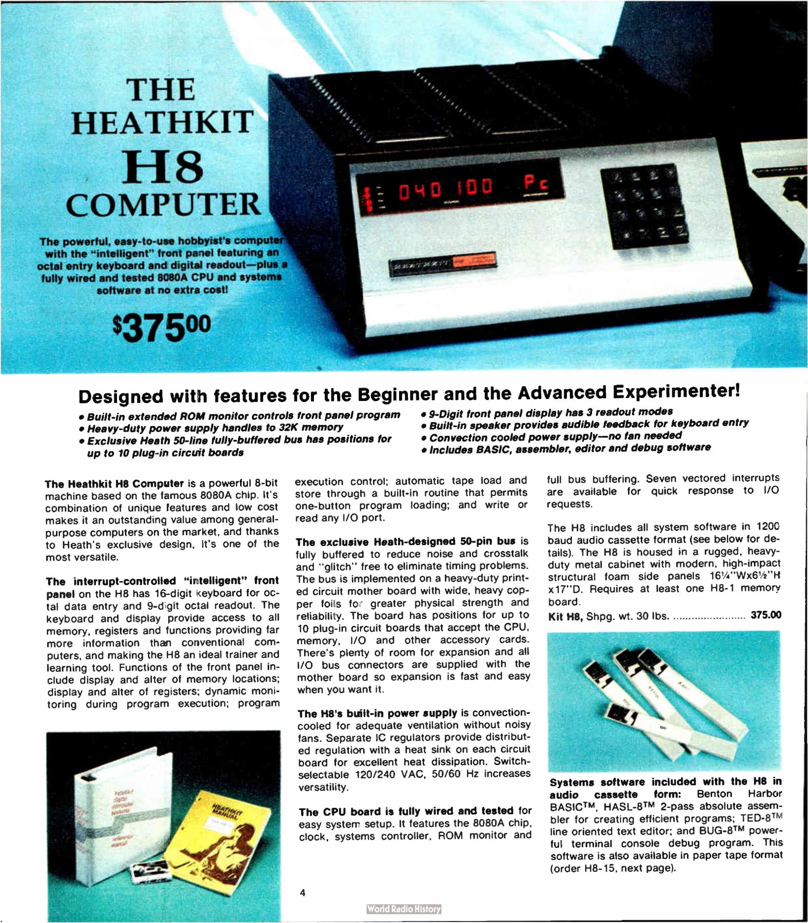 Figure 4 — The H8 as launched: "The Heathkit H8 Computer... $375". The page stresses the "intelligent" front panel, the 8080A and the system software supplied with the kit.