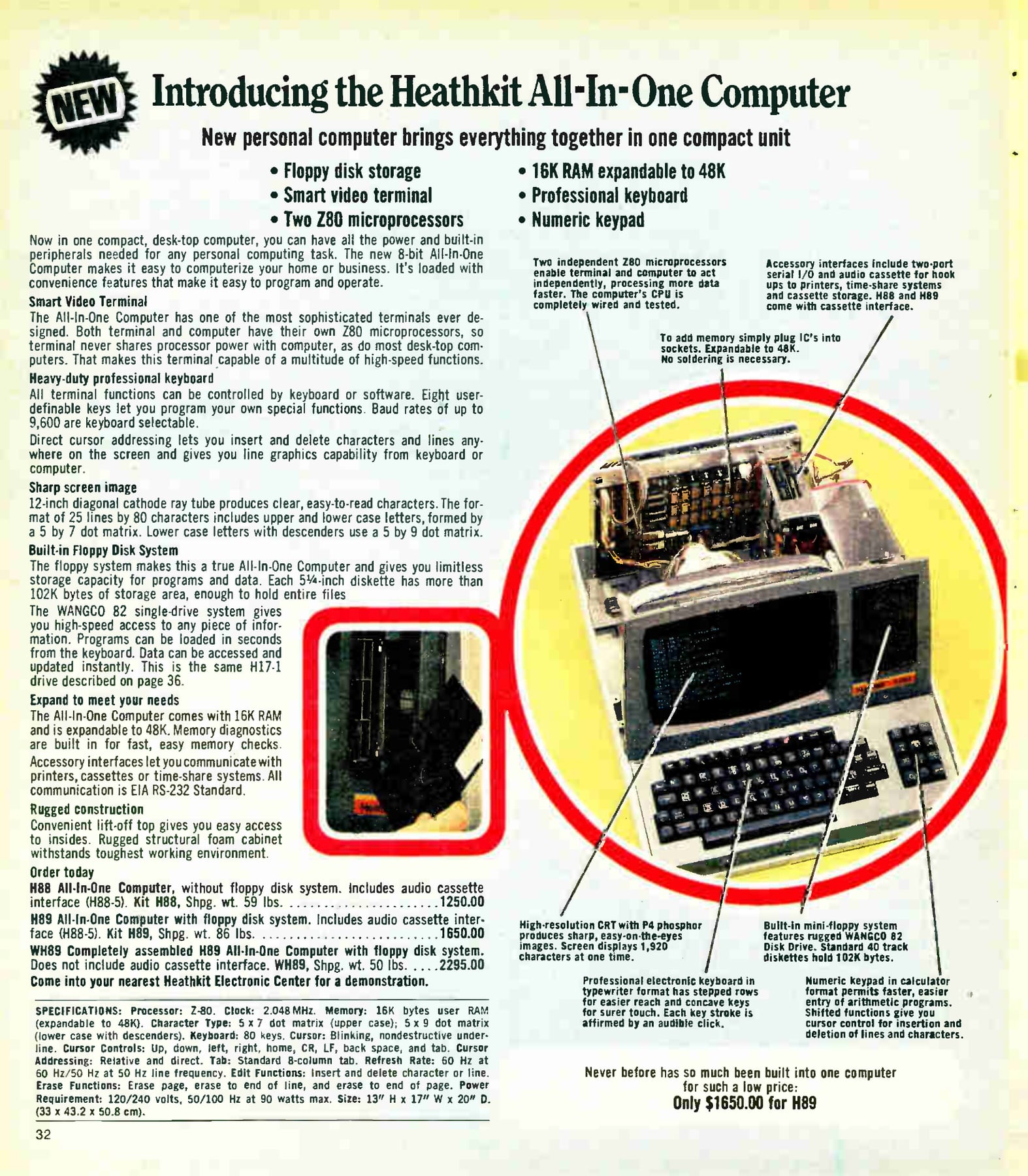 Figure 13 — "Introducing the Heathkit All-In-One Computer", Fall 1979. The cut-away shows the two Z80 CPU boards, the card cages on either side of the CRT and the built-in floppy drive.