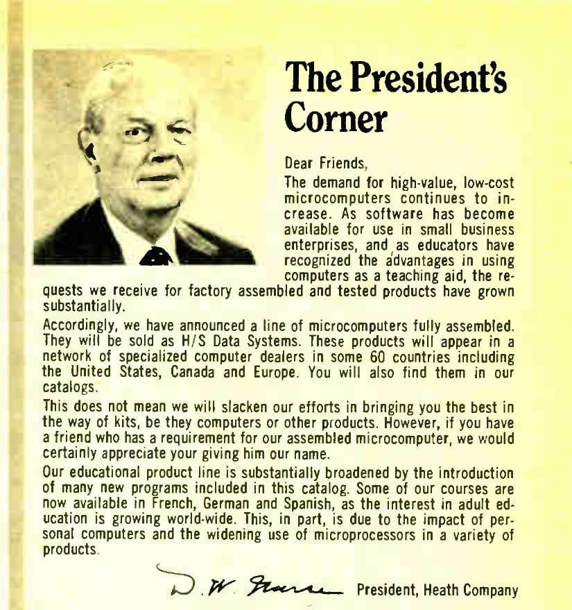 Figure 16 — David W. Nurse's "President's Corner", Fall 1979, announcing that Heath's assembled microcomputers "will be sold as H/S Data Systems". The letter shows Heath planning an assembled-computer business…