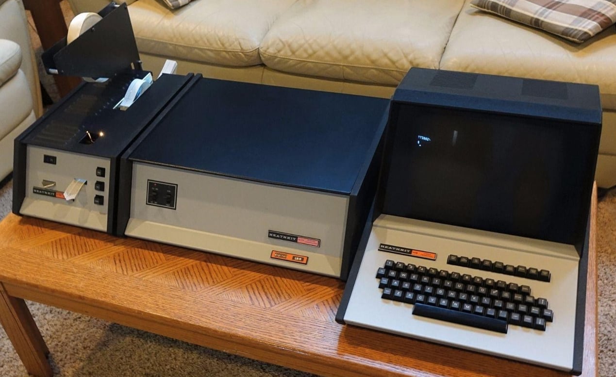 Figure 6 — A surviving three-piece Heath system: the H10 paper-tape reader/punch (left), the H11 LSI-11 computer (centre) and the H9 video terminal (right). All three were styled to match.