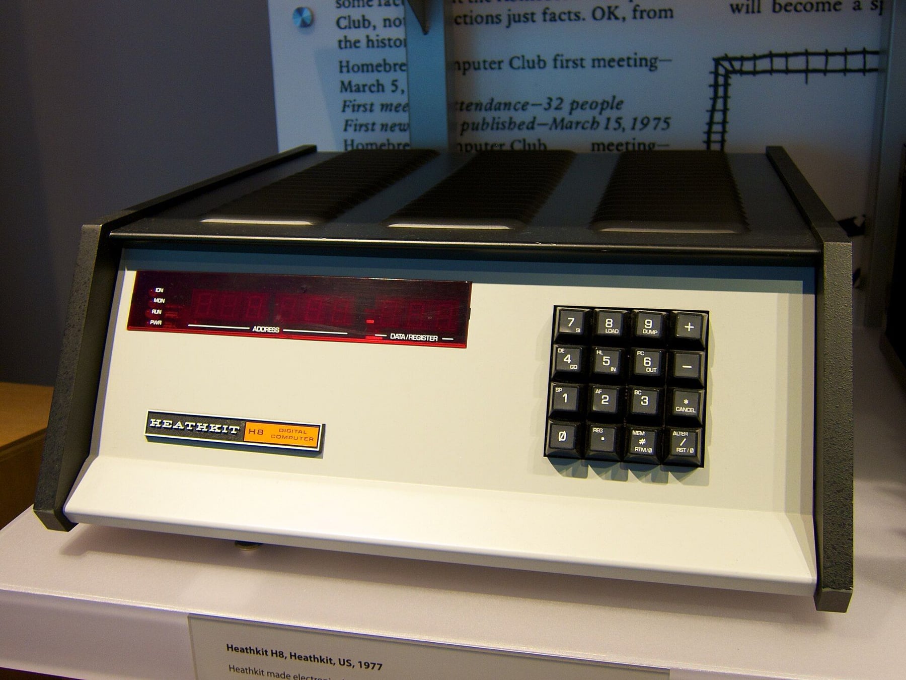 Figure 2 — A Heathkit H8 on display at the Computer History Museum. The sloped front panel carries the octal keypad and the nine-digit LED display that let the machine be used without a terminal.