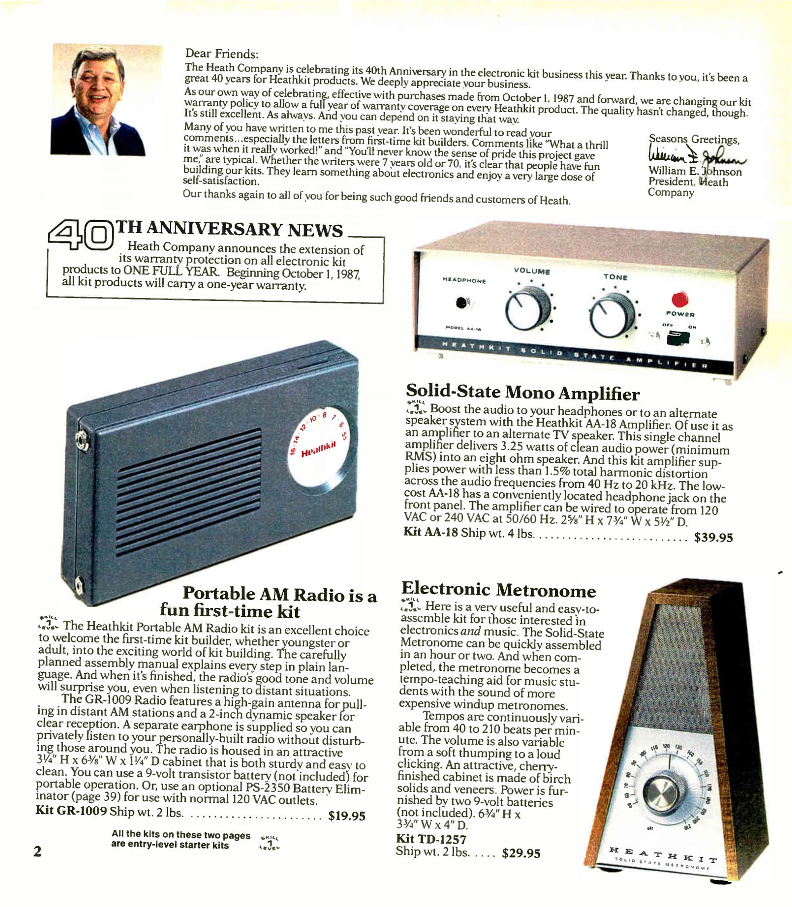 Figure 11 — The 40th-anniversary letter from Heath president William E. Johnson, Christmas 1987, with the "40th Anniversary News" of a one-year warranty on every kit. The small kits on the same page (a mono am…