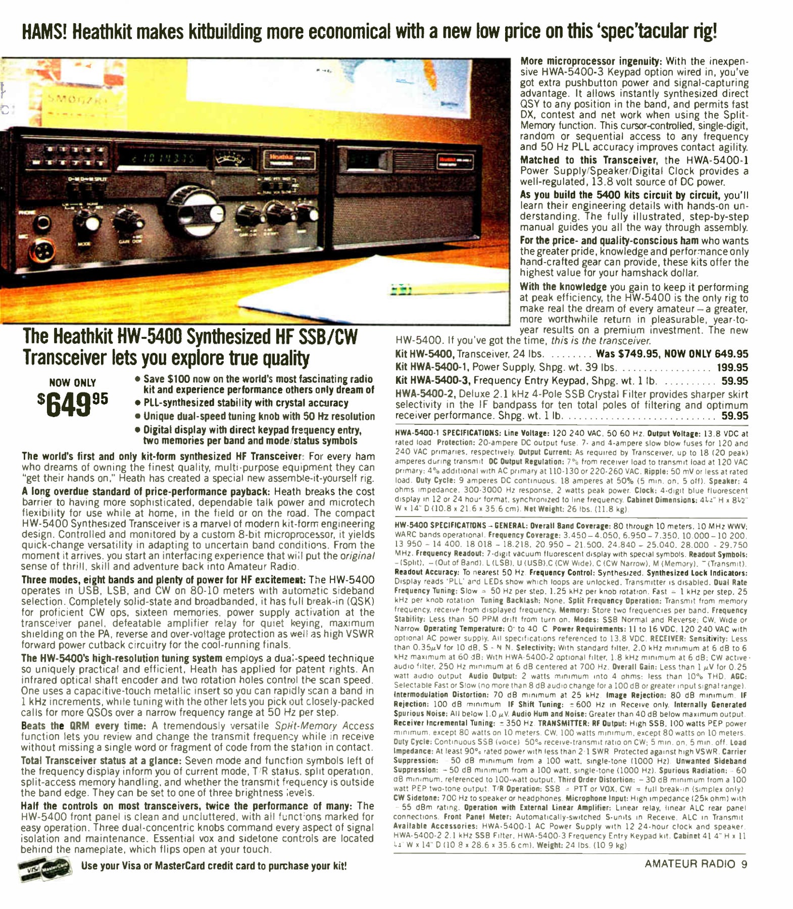 Figure 10 — The HW-5400 synthesized HF transceiver in Fall 1983: "Hams! Heathkit makes kitbuilding more economical with a new low price on this 'spectacular' rig." It was the last major Heath-designed HF kit.
