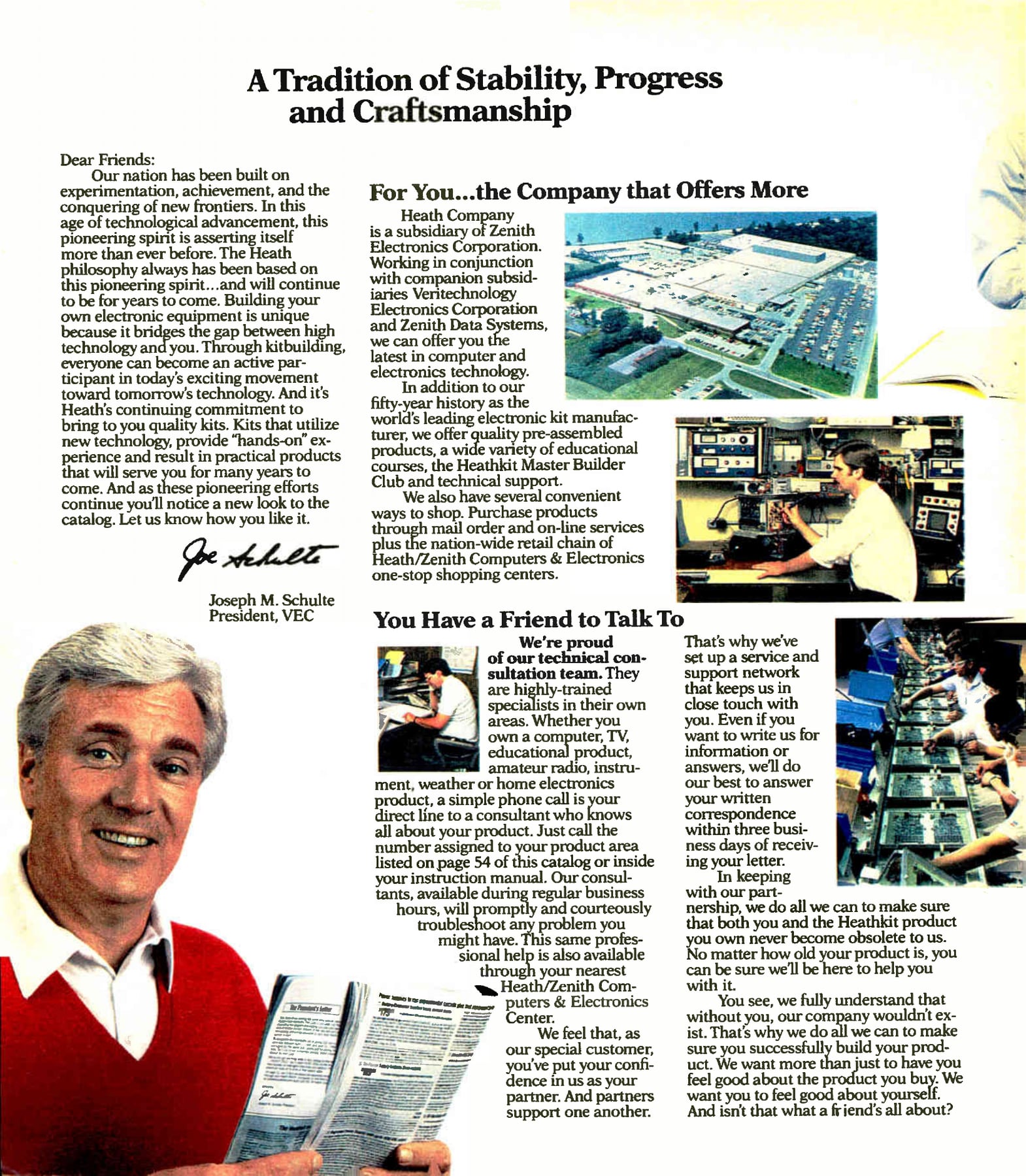 Figure 12 — "A Tradition of Stability, Progress and Craftsmanship", Fall 1986. The opening letter is signed by Joseph M. Schulte, president of Veritechnology. The sidebar states that "Heath Company is a subsid…