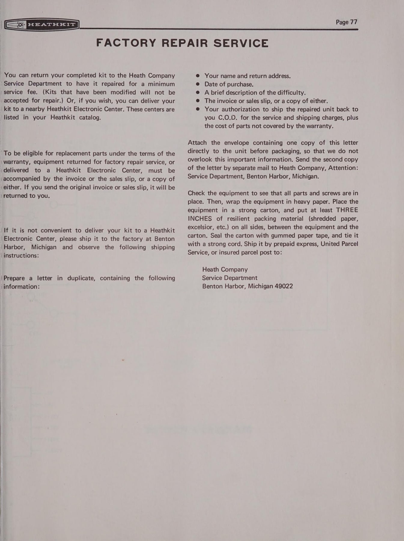 Figure 14 — "Factory Repair Service", IO-102 manual (1971): repair for a minimum fee at Benton Harbor or a Heathkit Electronic Center, with detailed packing instructions.