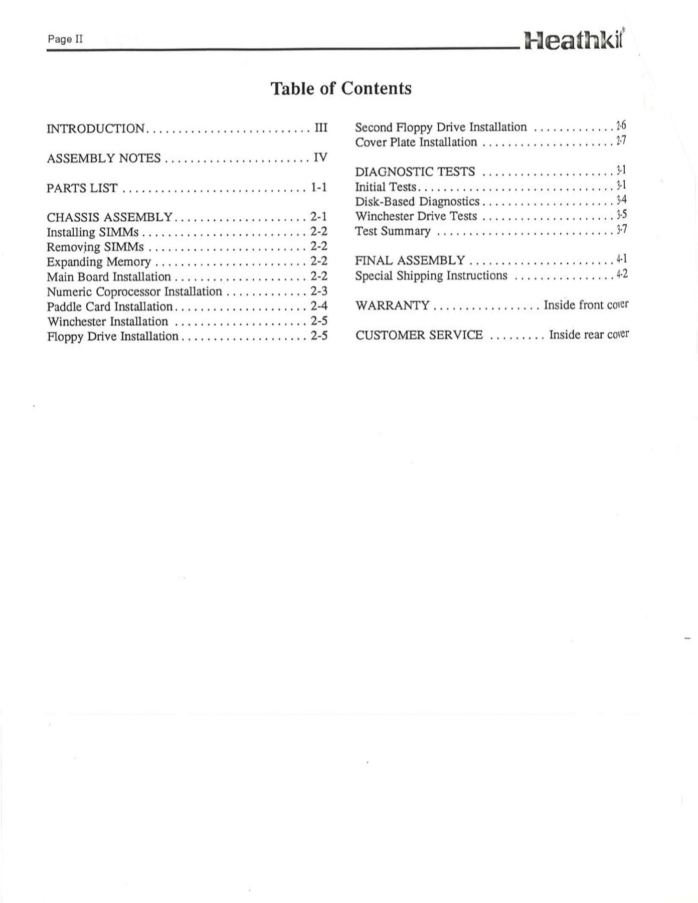 Figure 25 — The table of contents of the H-5100 assembly manual (1990, 595-4696): chapter-numbered sections, "Diagnostic Tests" in place of hand troubleshooting, and the warranty and customer-service pages ins…