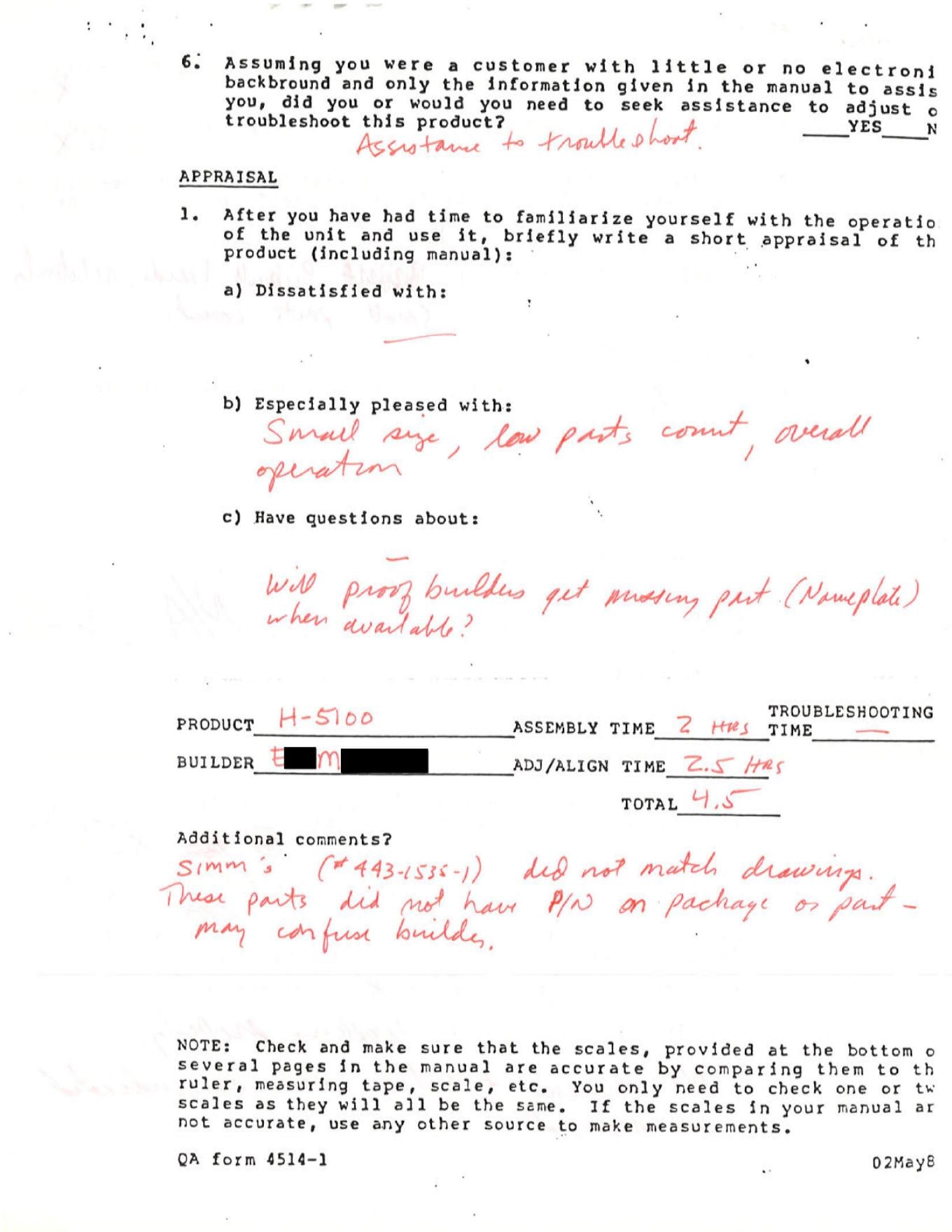 Figure 4 — The last page of the same H-5100 proofbuild form, with the builder's handwritten appraisal in red: pleased with the "small size, low parts count, overall operation"; assembly 2 hours, adjustment 2.…
