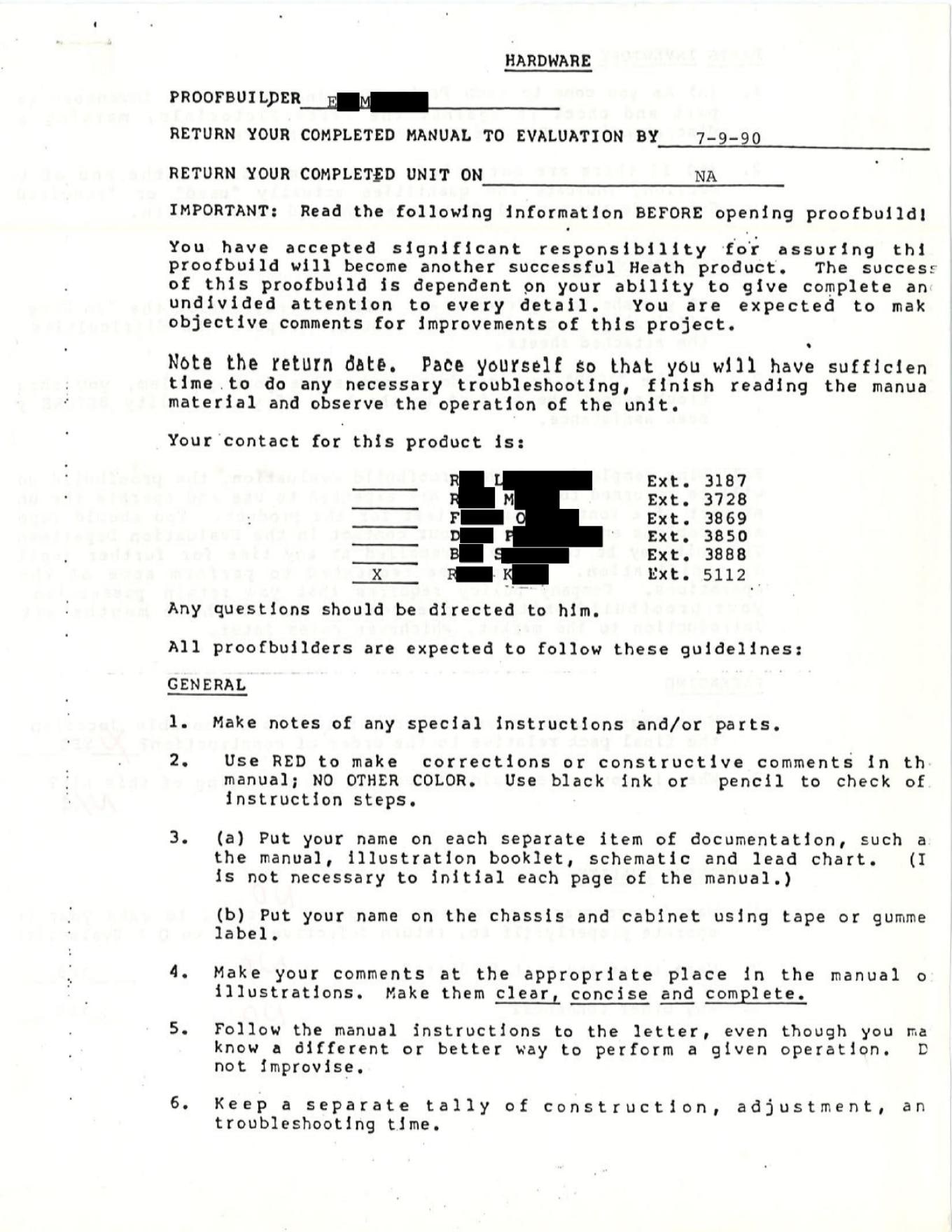 Figure 3 — Page 1 of the internal proofbuild evaluation form for the H-5100 computer, with the return date 7-9-90 (July 1990). The names of the Evaluation Department contacts and the builder were redacted bef…