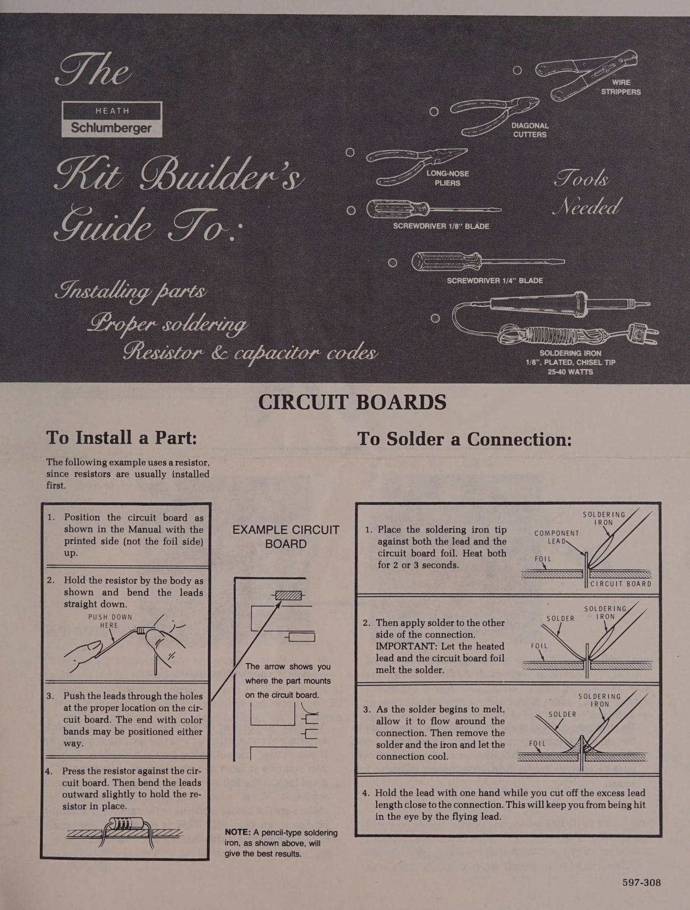 Figure 17 — The Heath/Schlumberger "Kit Builder's Guide": tools needed, and four-step drawings for installing a part on a circuit board and soldering a connection. The same guide was packed with kits across th…