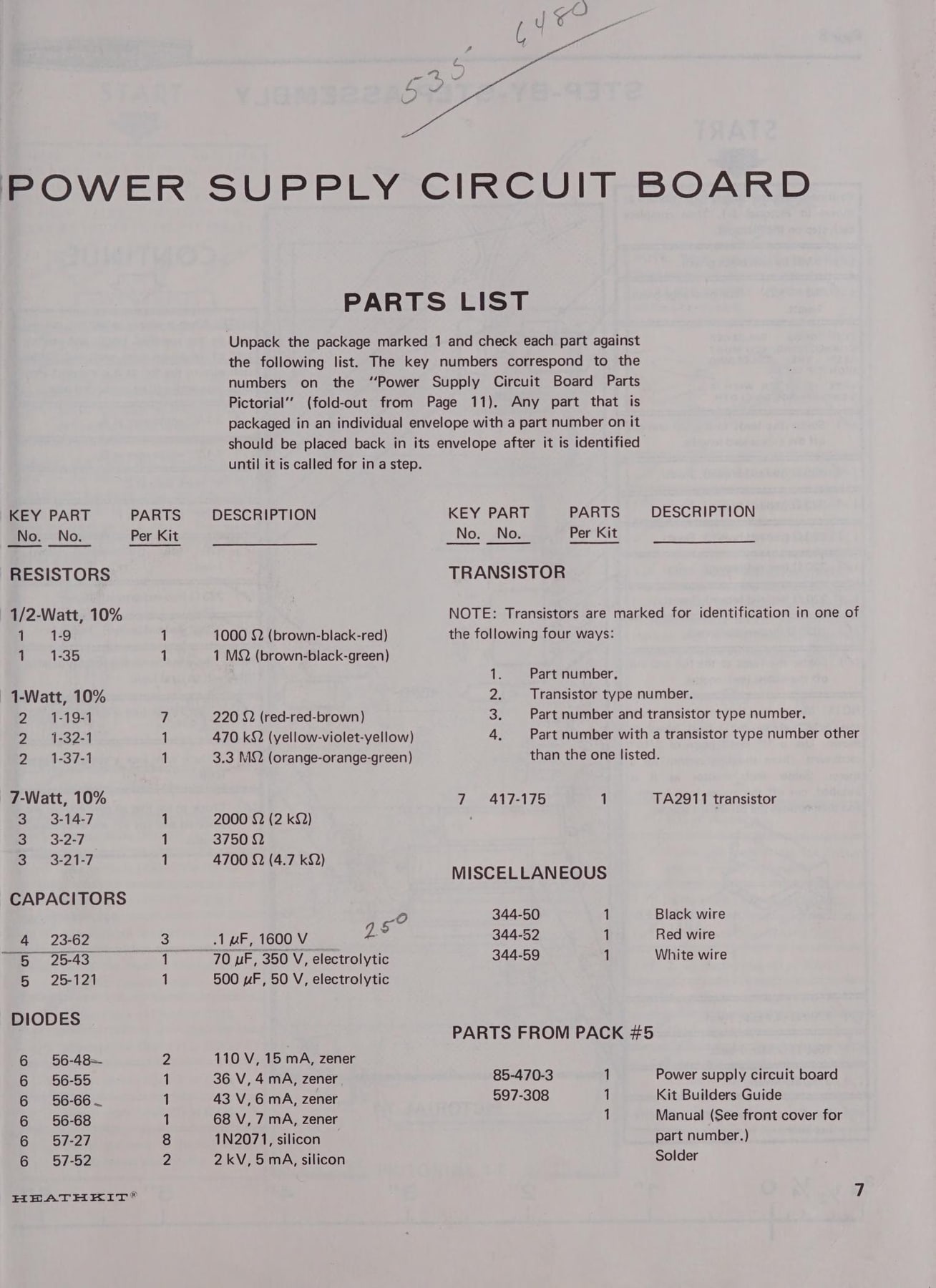 Figure 7 — The parts list for the IO-102 power-supply board: key number, part number, quantity and description, with resistor colour bands spelled out. The instruction at the top refers the builder to the fol…