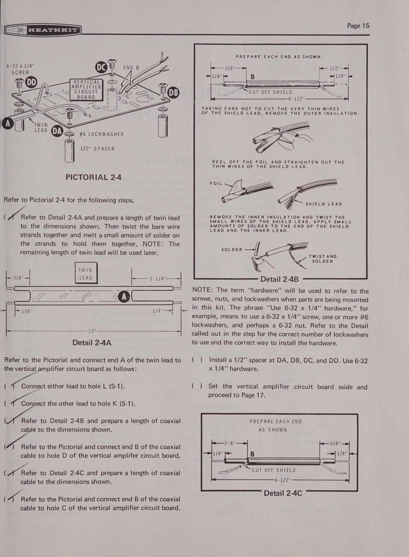 Figure 10 — A pictorial page with numbered details from the IO-102 manual. The exploded hardware stack and the enlarged lead-dress drawings are the "expanded-view drawings" that Heath's illustrators produced f…