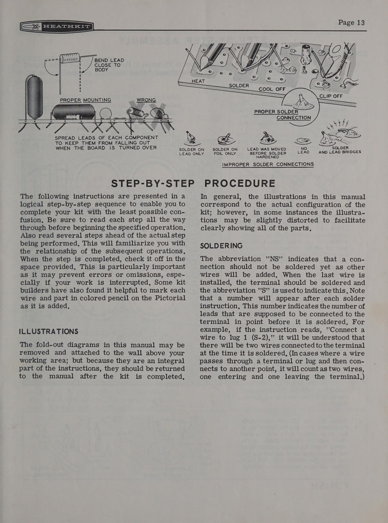 Figure 21 — The start of the "Step-by-Step Procedure" in the SB-200 linear amplifier manual, one of Heath's best-selling amateur radio kits, with a drawing of lead preparation and notes on soldering and illust…