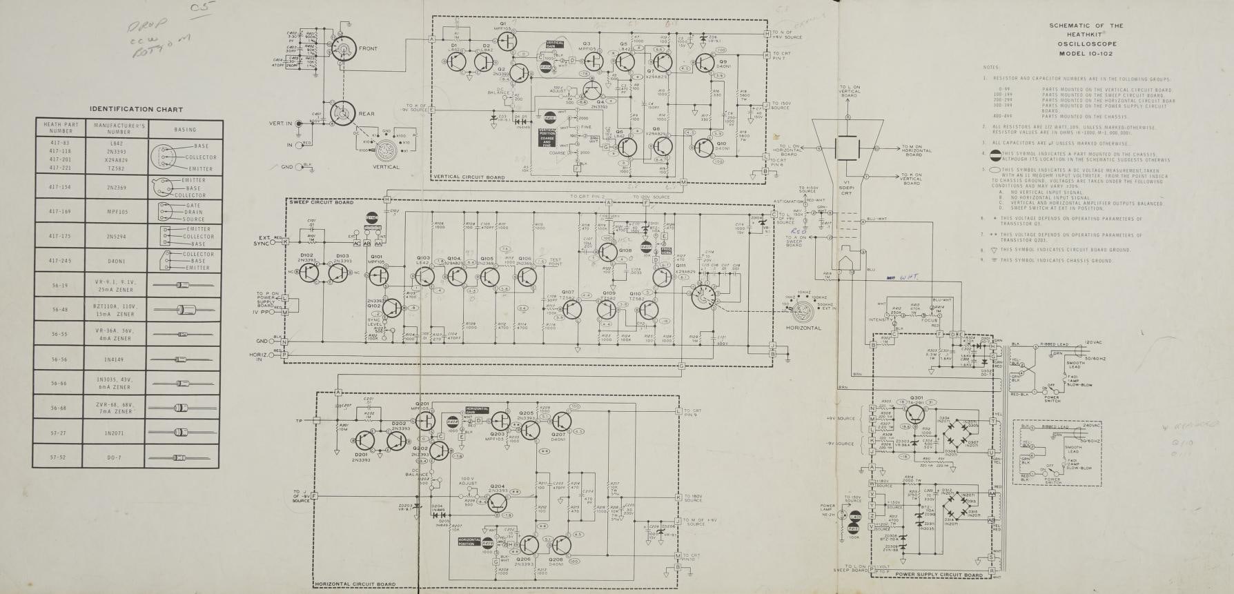 Figure 16 — The fold-out schematic at the back of the IO-102 manual. Part designations match the X-ray views and the step-by-step instructions, so a fault found on the schematic can be traced to a physical par…