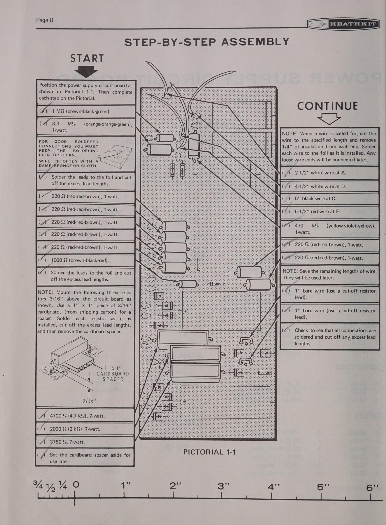 Figure 8 — Page 8 of the IO-102 manual: START, one action per ruled box, a check-off parenthesis for each, leader lines from the steps to Pictorial 1-1, a boxed note on the cardboard spacer, and a printed rul…