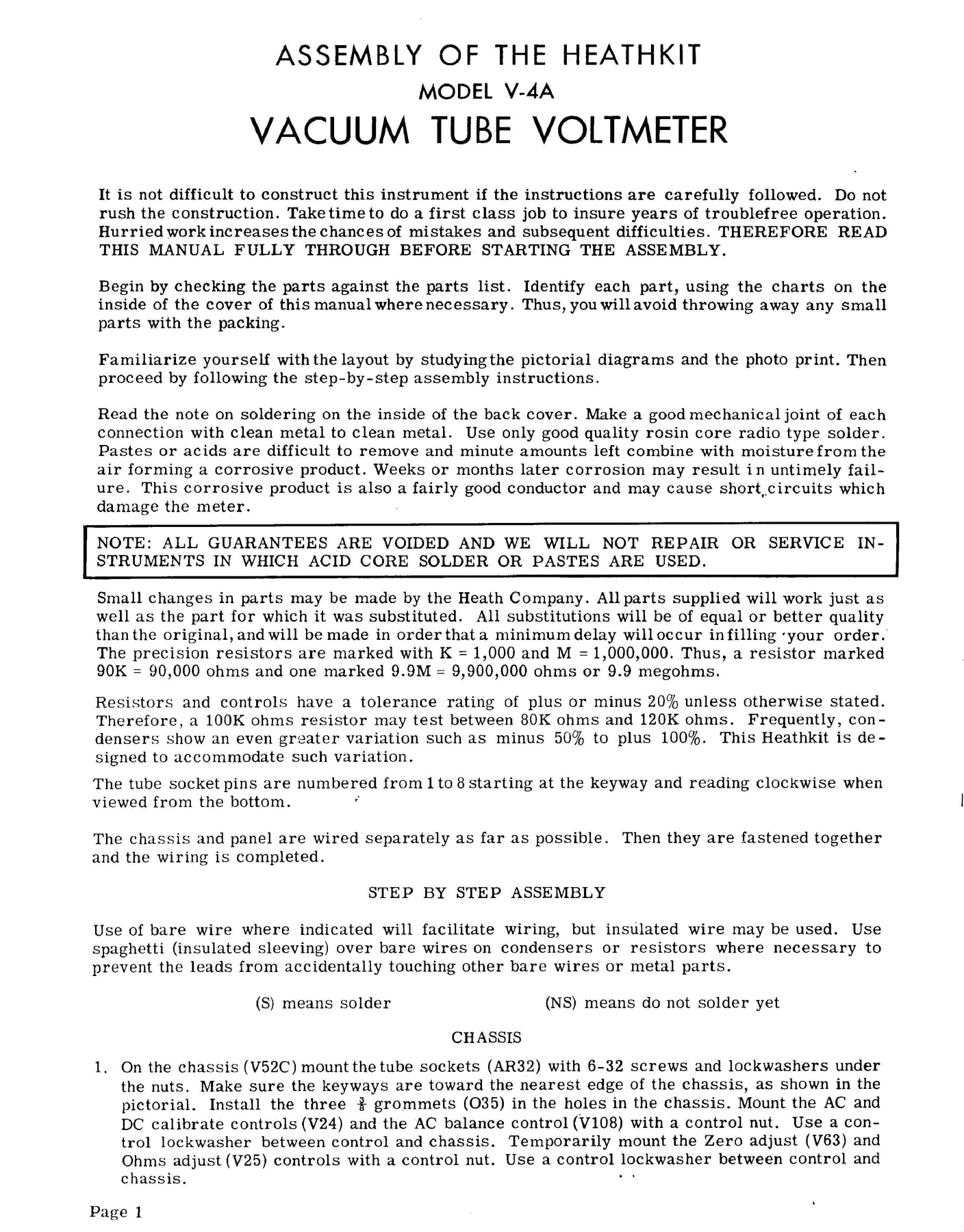 Figure 2 — The first page of the V-4A vacuum-tube voltmeter instructions (c. 1950). The essentials of the later method are already present: read everything first, check parts against the list, study the picto…