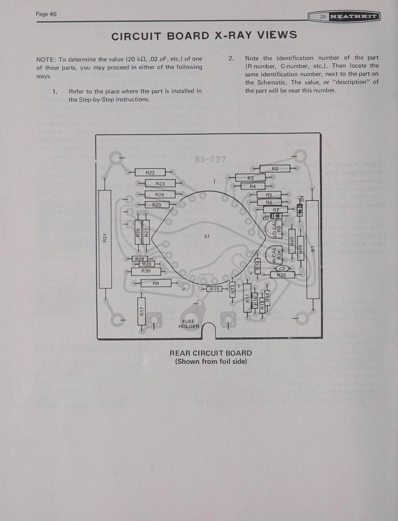 Figure 11 — "Circuit Board X-Ray Views" from the IM-105 volt-ohm-milliammeter manual (1971, 595-1335). The rear board is drawn from the foil side with every part outlined and labelled, so an owner can go from …