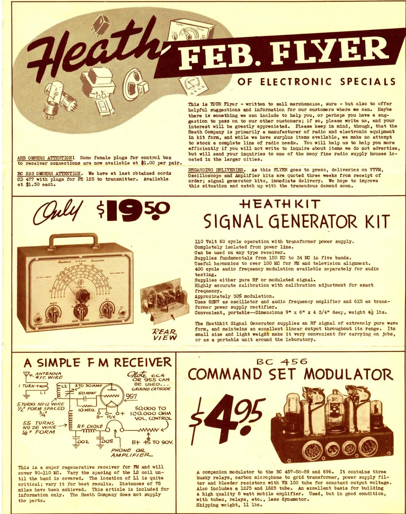Figure 2 — The February 1948 "Feb. Flyer of Electronic Specials", a single sheet selling a $19.50 signal-generator kit alongside war-surplus parts. It shows Heath's catalogue at its smallest.
