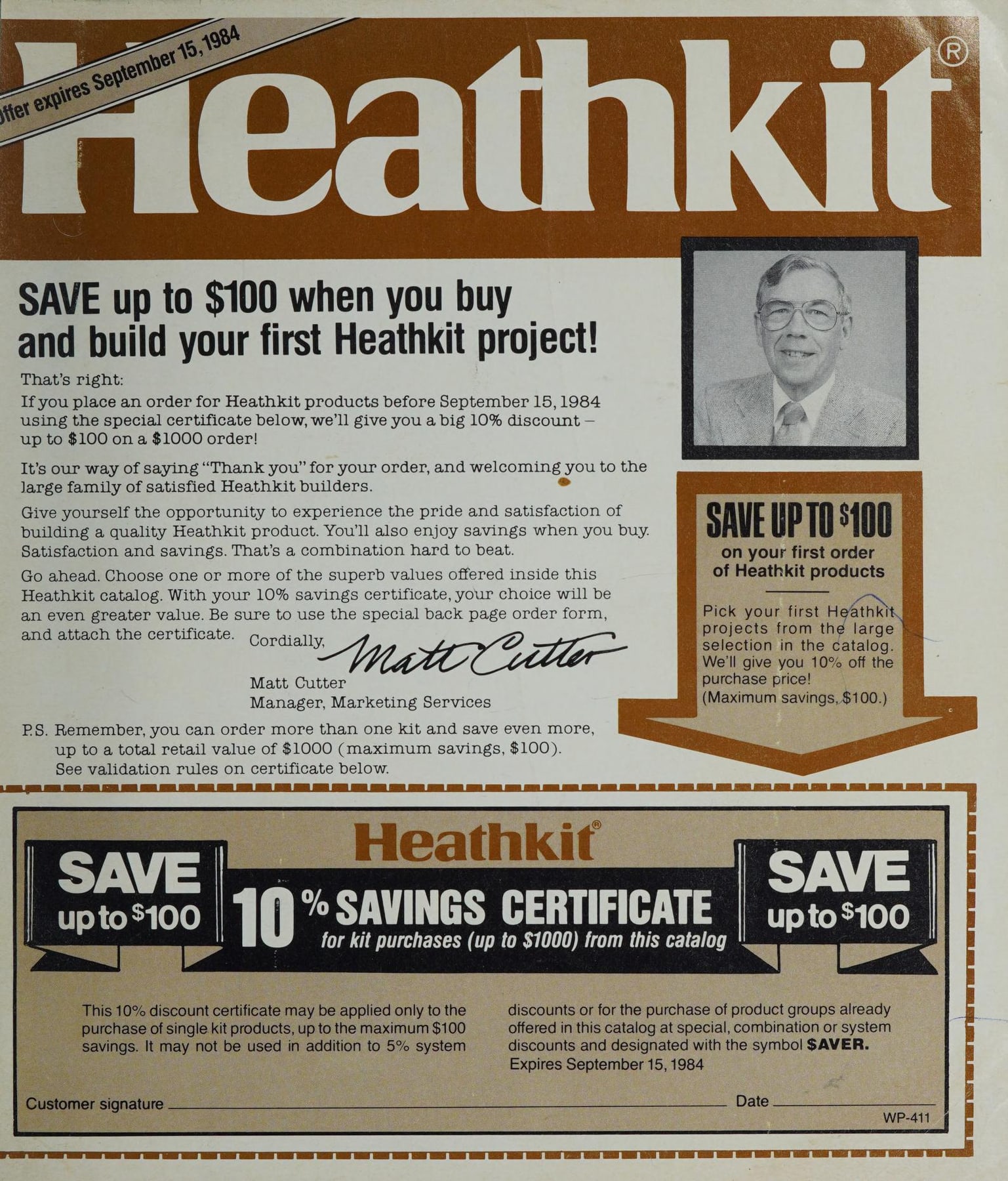 Figure 3 — The Fall 1984 catalogue cover is a savings certificate "for Heathkit products before September 15, 1984", a sign of how much harder kits were to sell by the mid-1980s.