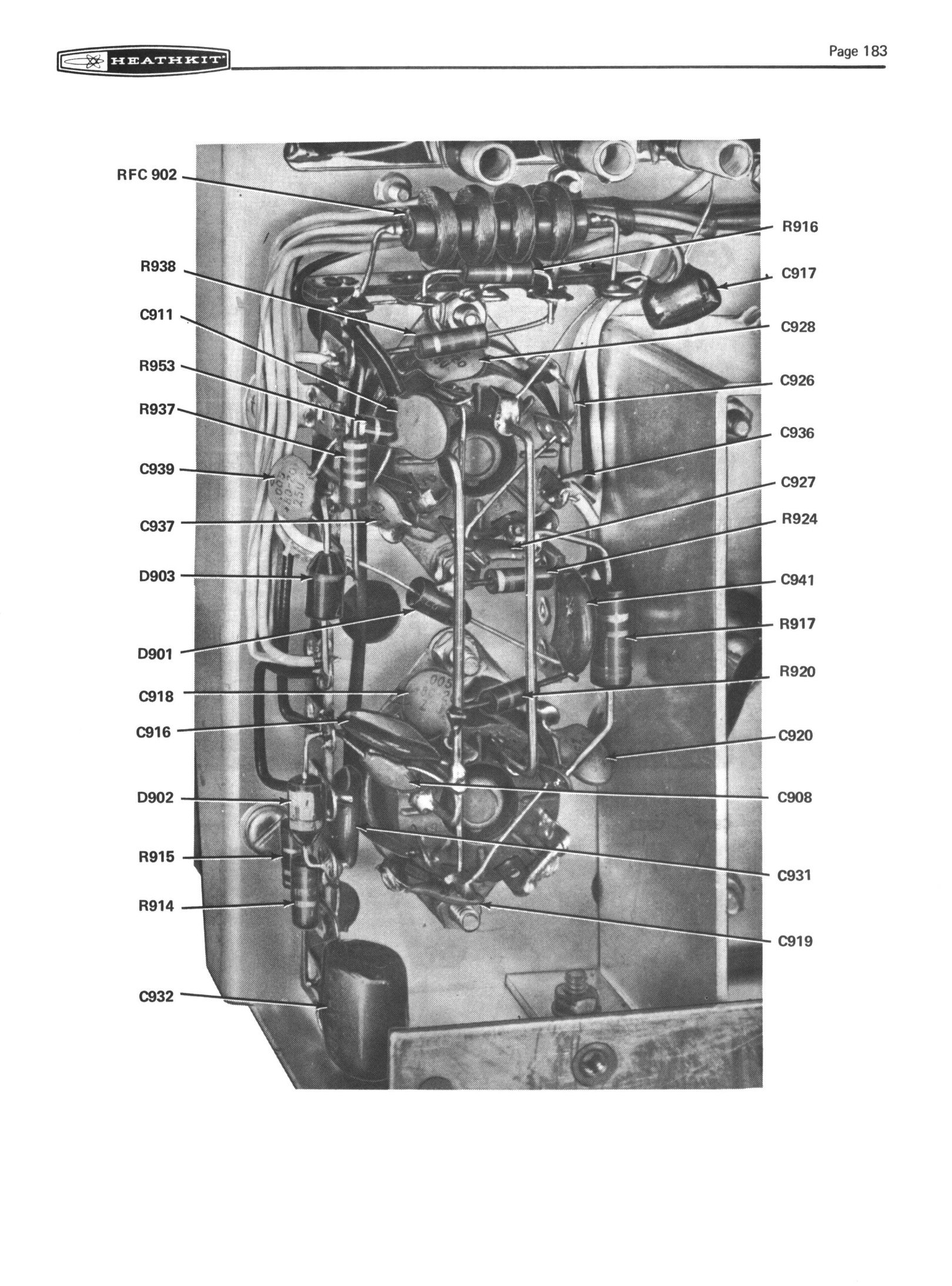 Figure 15 — The wiring under the final amplifier, photographed and labelled: the grid choke RFC 902 with the bias resistor R916, the ALC voltage-doubler diodes D902 and D903 and their coupling capacitors, and …
