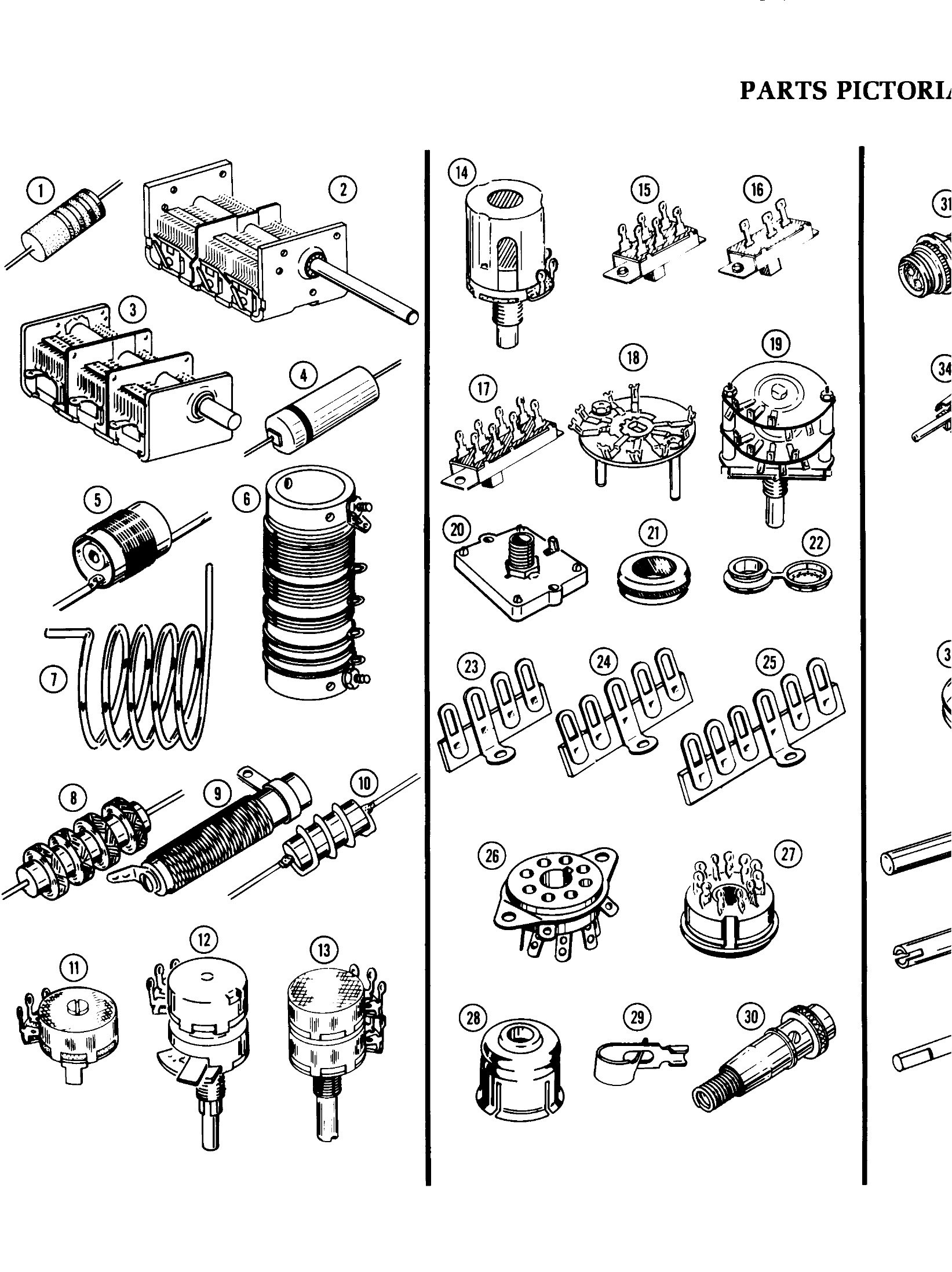 Figure 12 — One of the chassis parts pictorials: sockets, controls, capacitors, relays, the meter and the hardware, drawn to scale and keyed to the parts list.