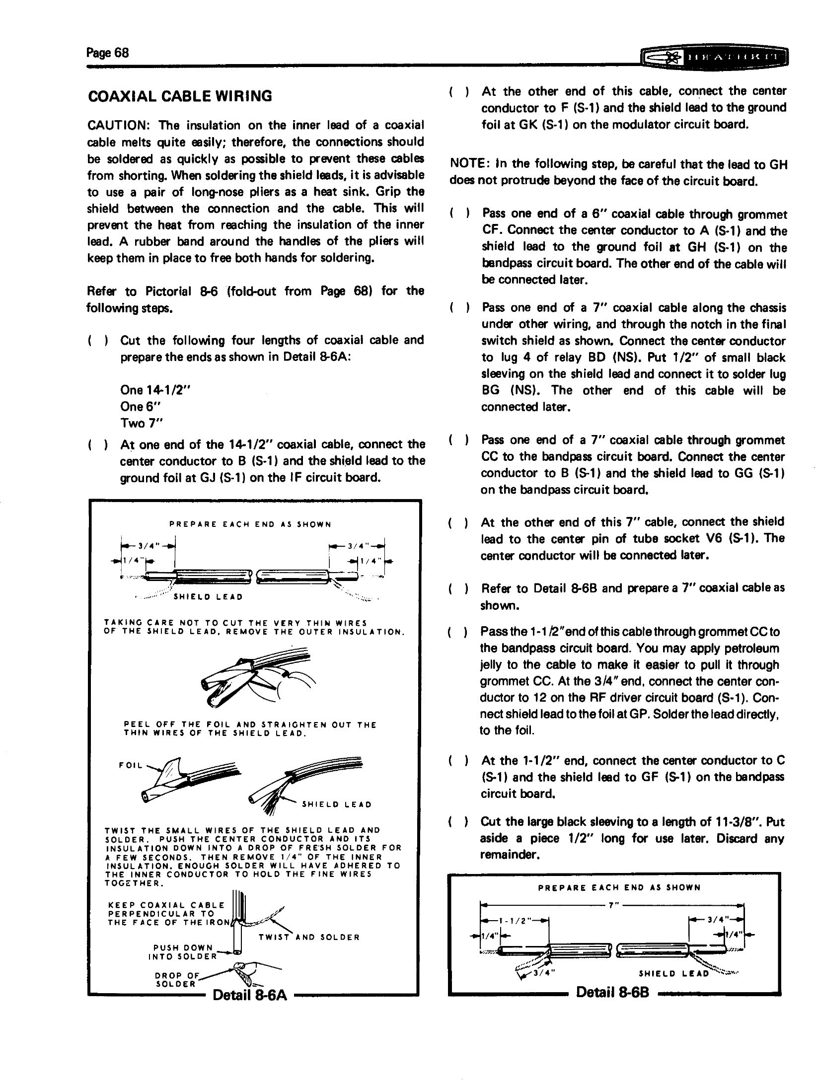 Figure 8 — Coaxial cable wiring, page 68: the preparation detail, the heat-sink advice, and the four cable lengths that tie the boards together. The instruction to use petroleum jelly to pull a cable through …