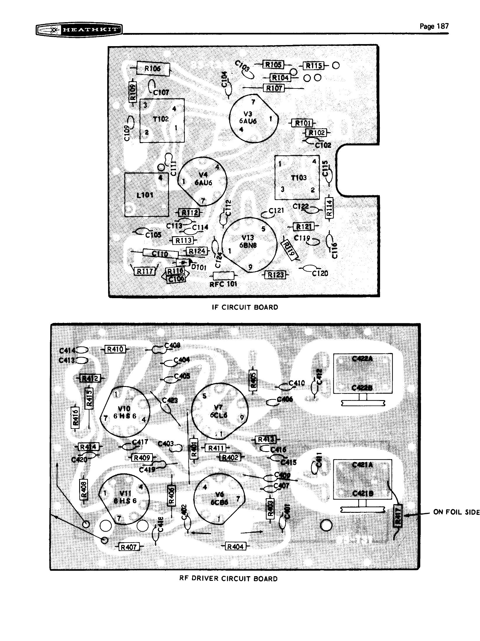 Figure 15 — The circuit-board X-ray views from the back of the manual, drawn from the foil side so that a part can be located from the schematic designator. With the chassis photographs, these are what make th…