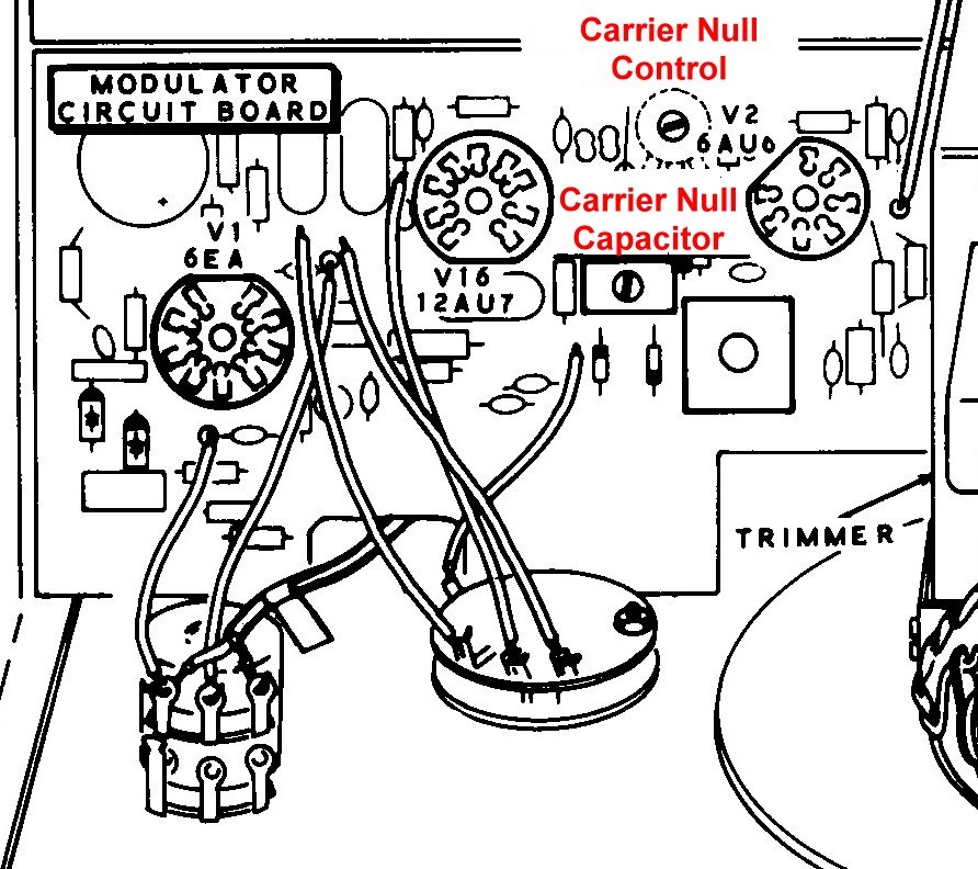 Figure 10 — The carrier null control and the carrier null capacitor on the modulator board. Heath issued a service bulletin about the mounting of this control in 1973 after a run of failures.