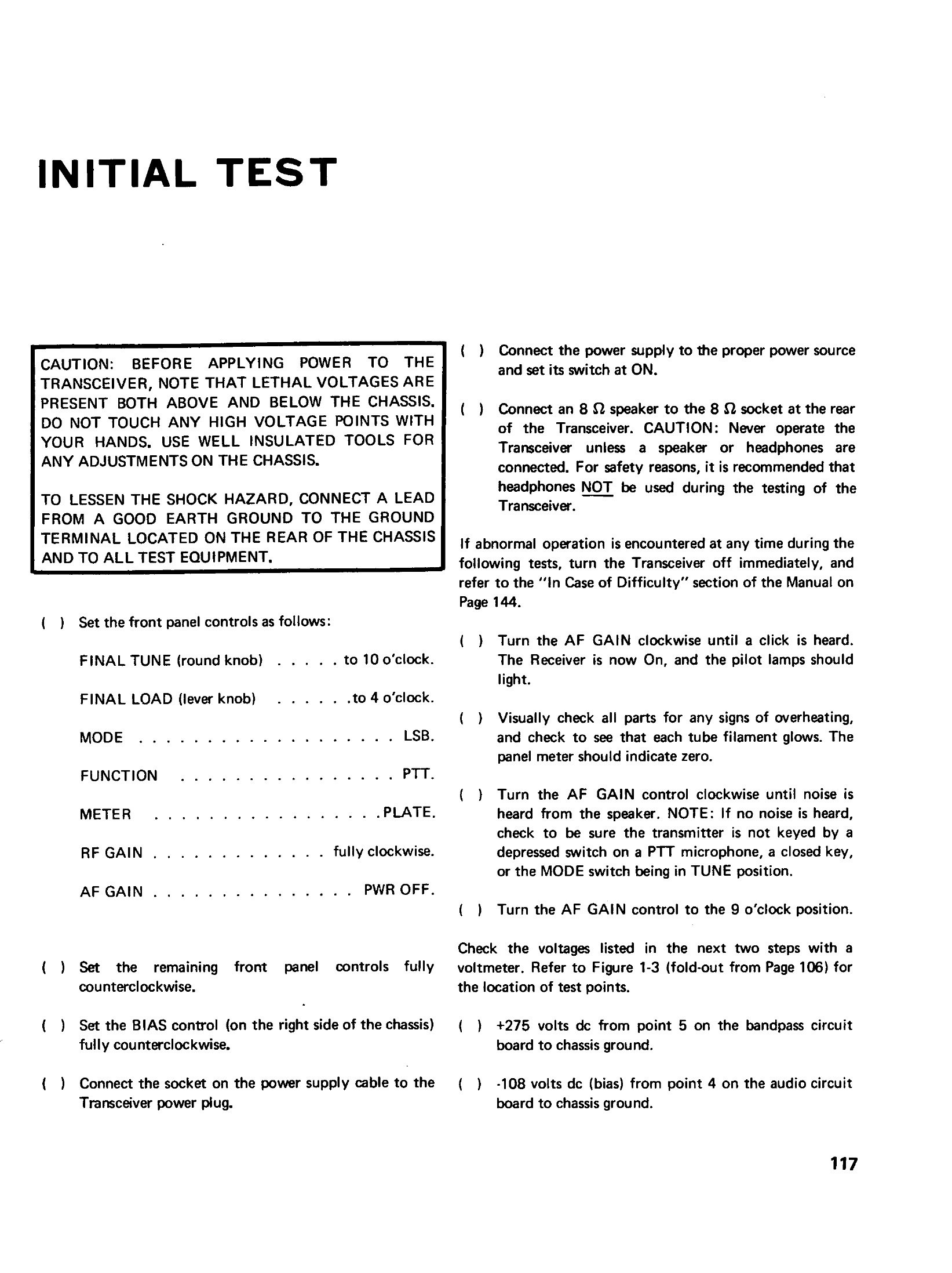 Figure 13 — The initial test pages, which come between assembly and alignment: power applied for the first time, tube by tube and band by band, with the meter as the only instrument.